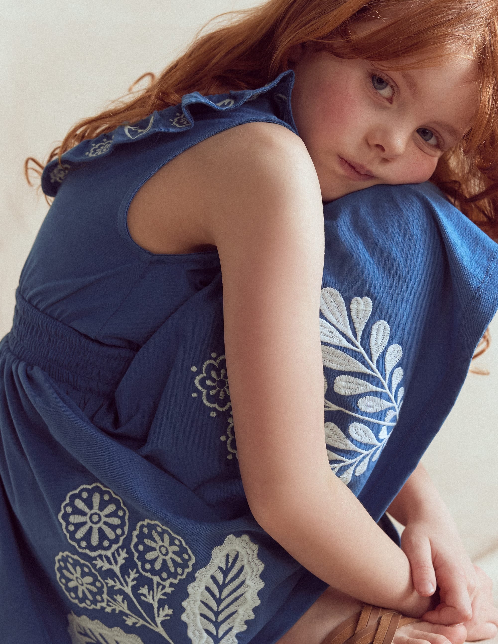 Boden Girls Embroidered V-back dress in Blue