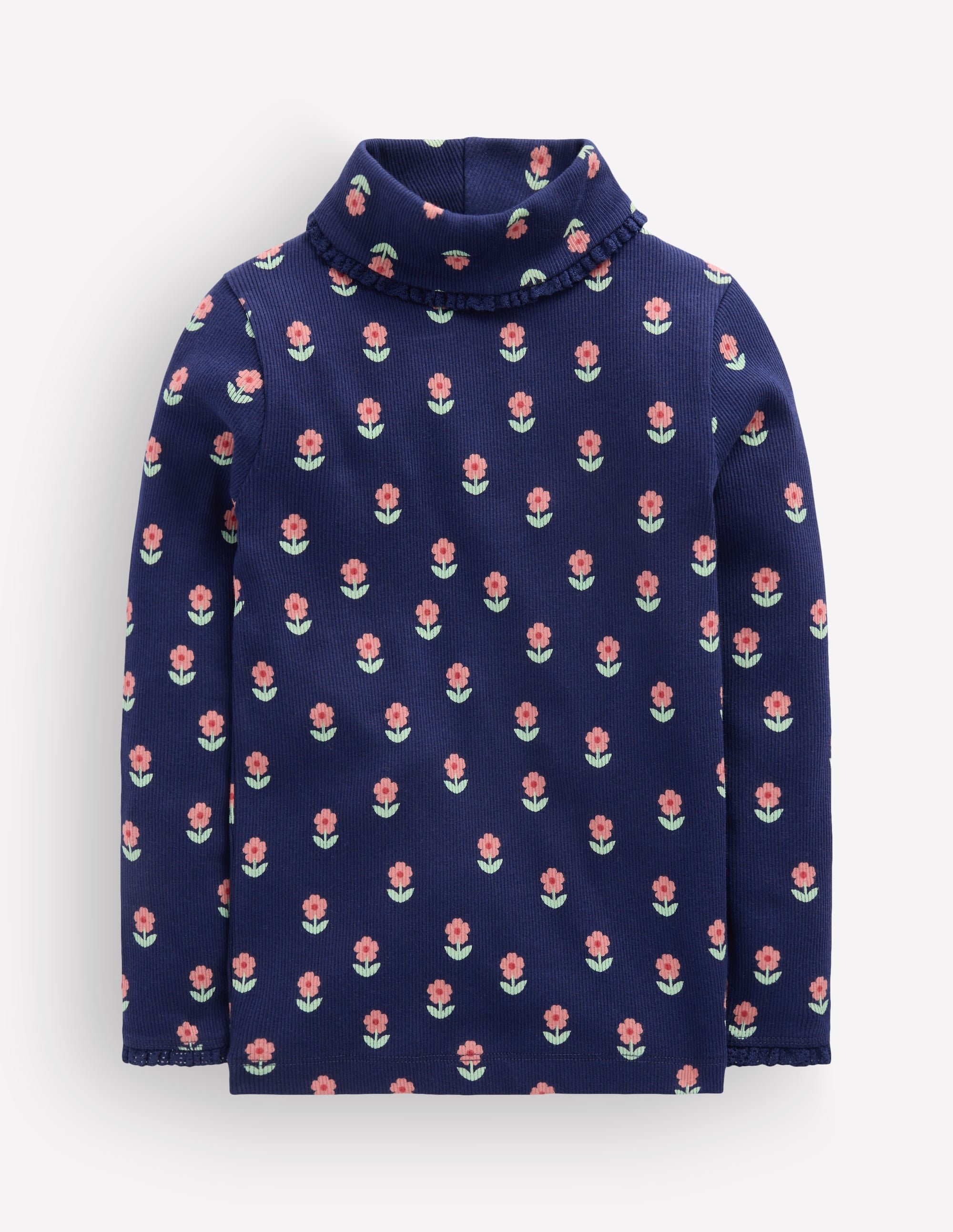 Lace Trim Roll Neck Top - Navy Flower Stamp | Boden USA
