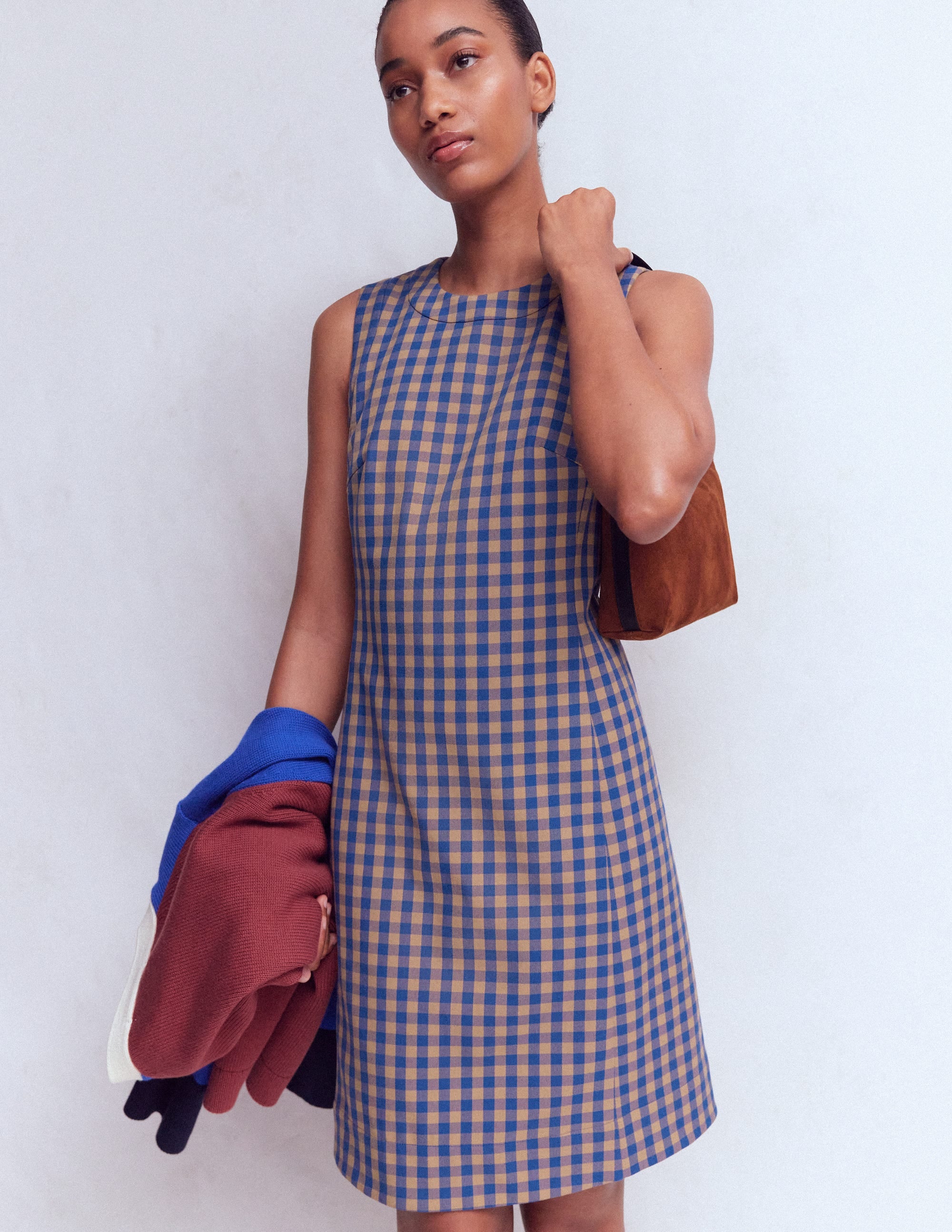 blue checkered dress Boden Women's Lou Check Shift in Product:BlPprTierFloralDress Luxury Royal Blue Woven Women's Size:Euro 36 = US 6 Crafted with a modest