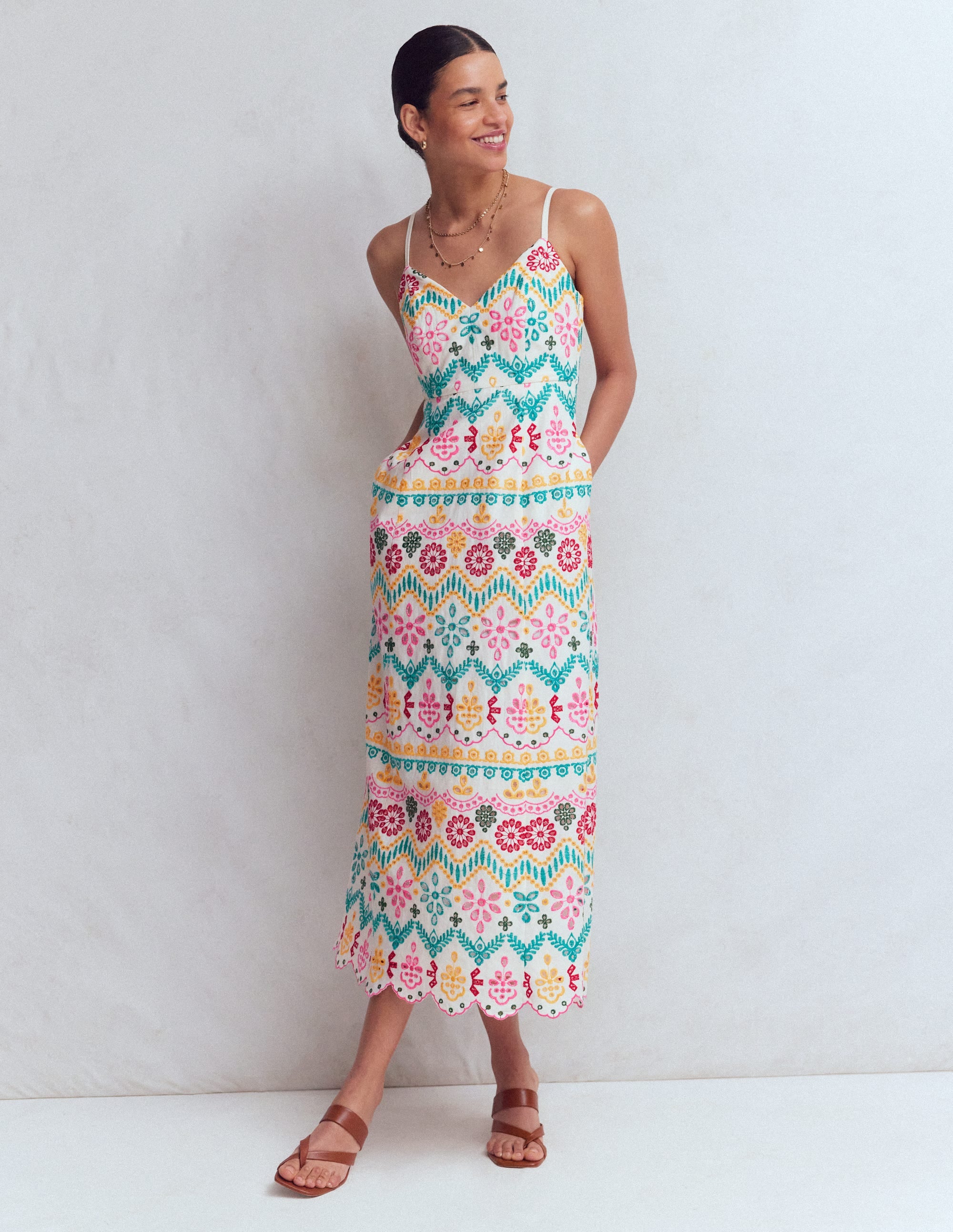 boden embroidered dress Women's Empire Linen Broderie in White The Ultimate Taylor Swift the prints and embroidery P2F Color:Med. Grey