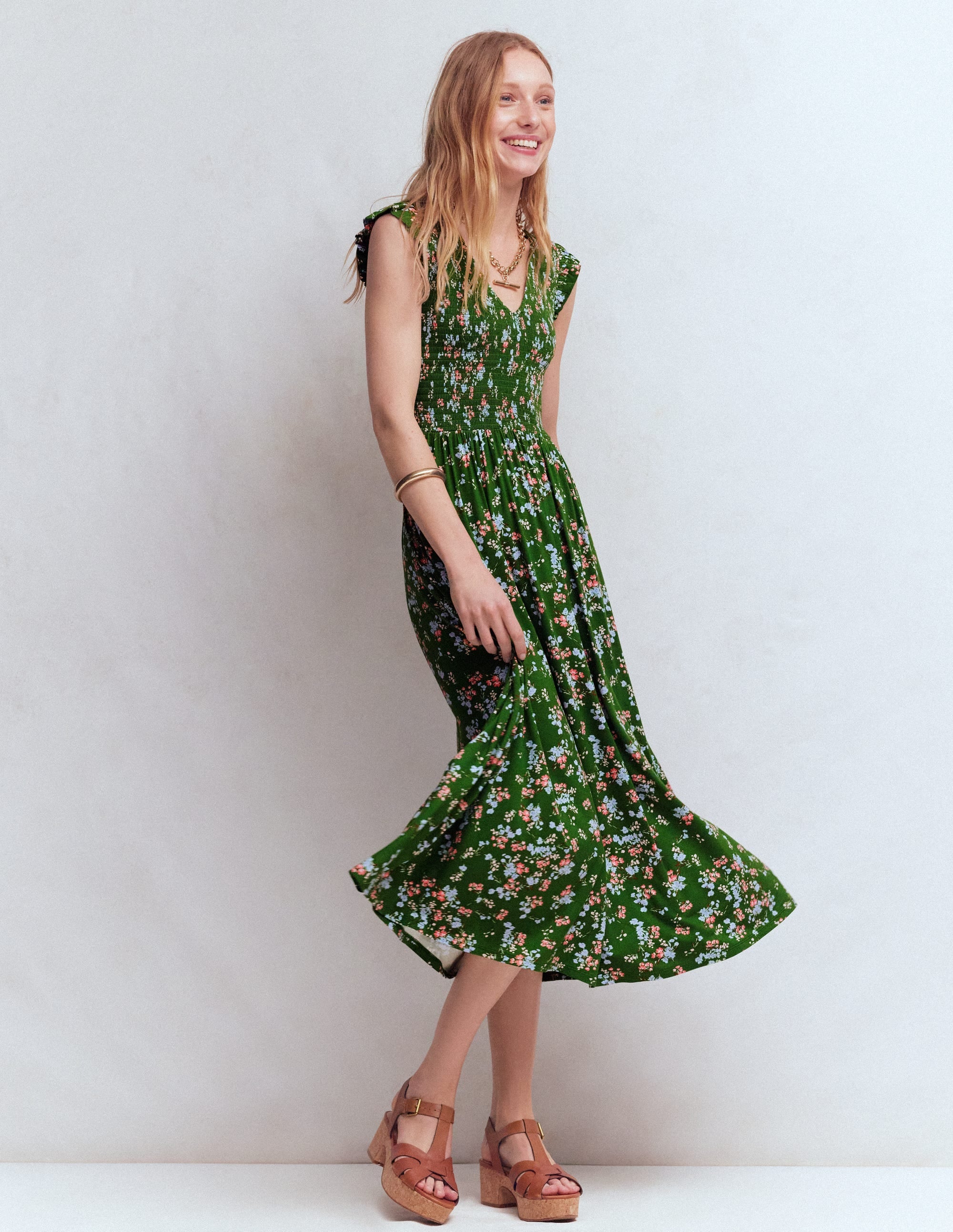boden puff sleeve jersey midi dress Boden Women's Smocked Jersey Midi Dress in Green
