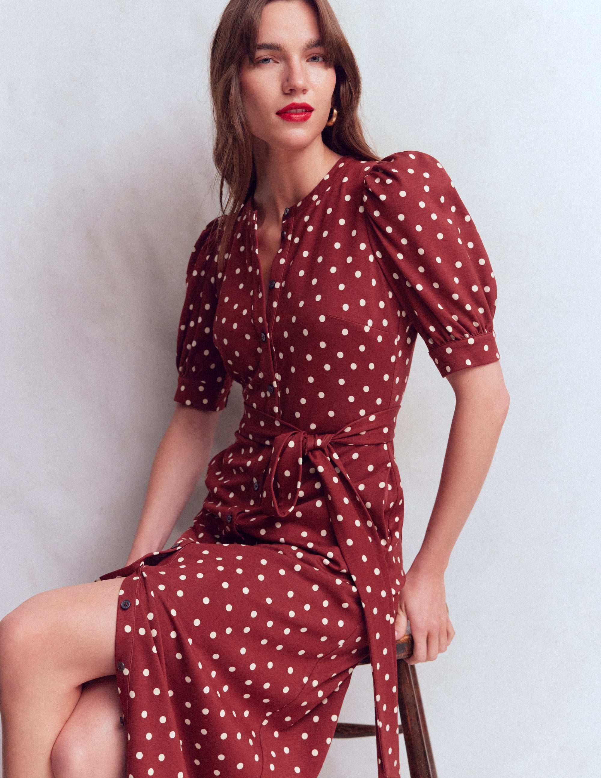 Boden Women's Puff Sleeve Ponte Shirt Dress in Red