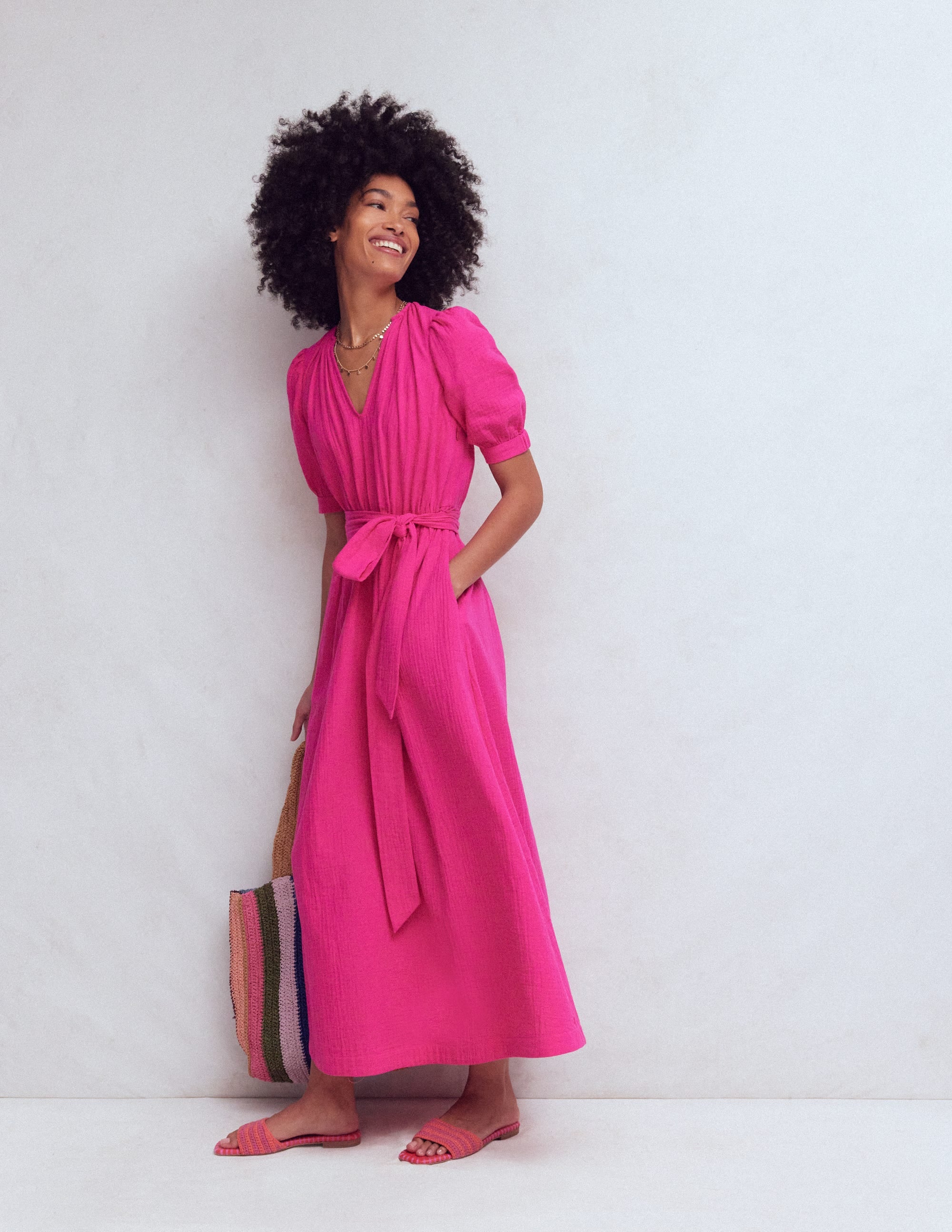 woman pink dress Boden Women's Double Cloth Puff Sleeve in this look is perfect Length:Short Petite (23 Inches) Famous Face Mini Dress RD-07.10.25