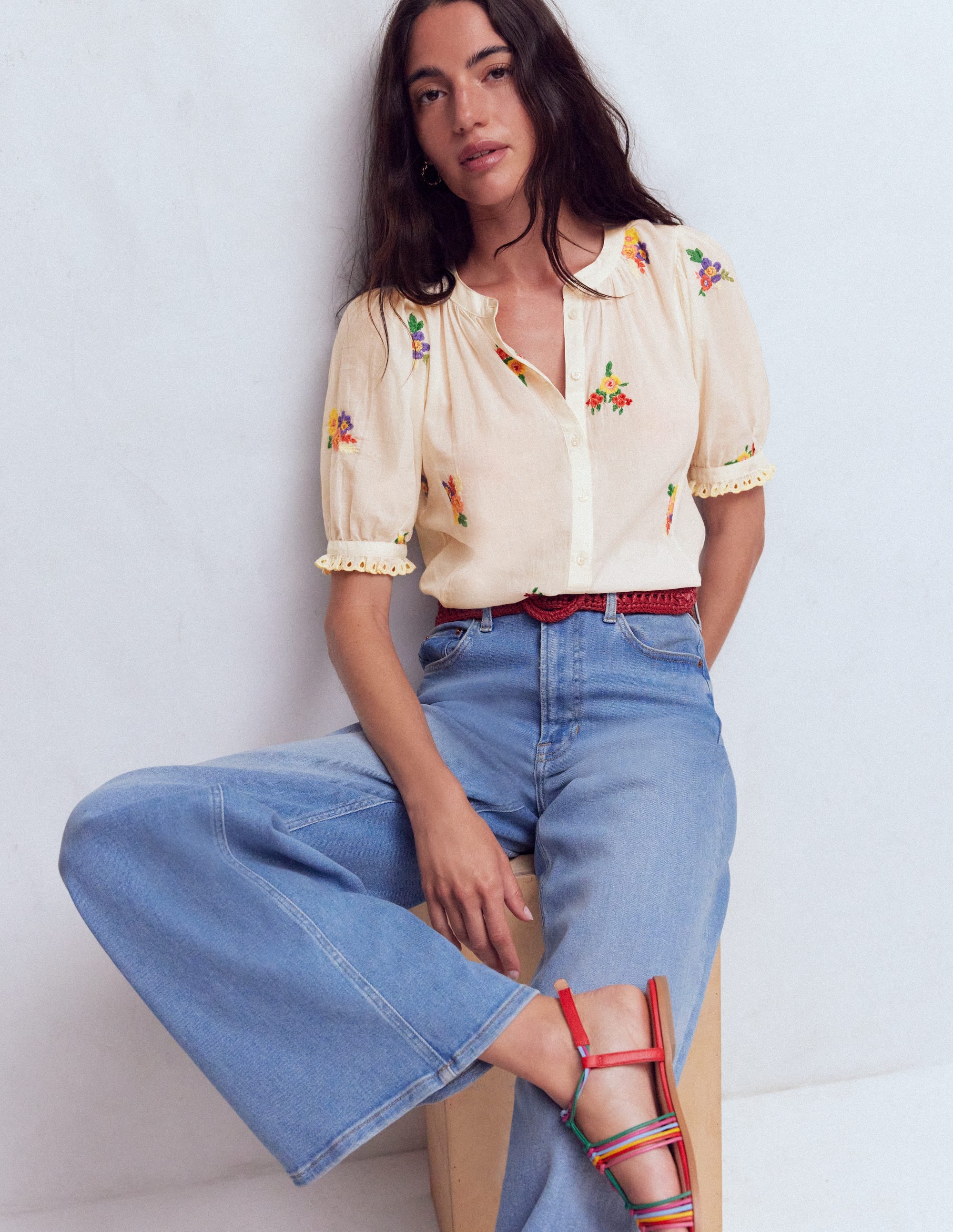 Camille Embroidered Cotton Top-Ivory Floral Embroidery | Boden USA