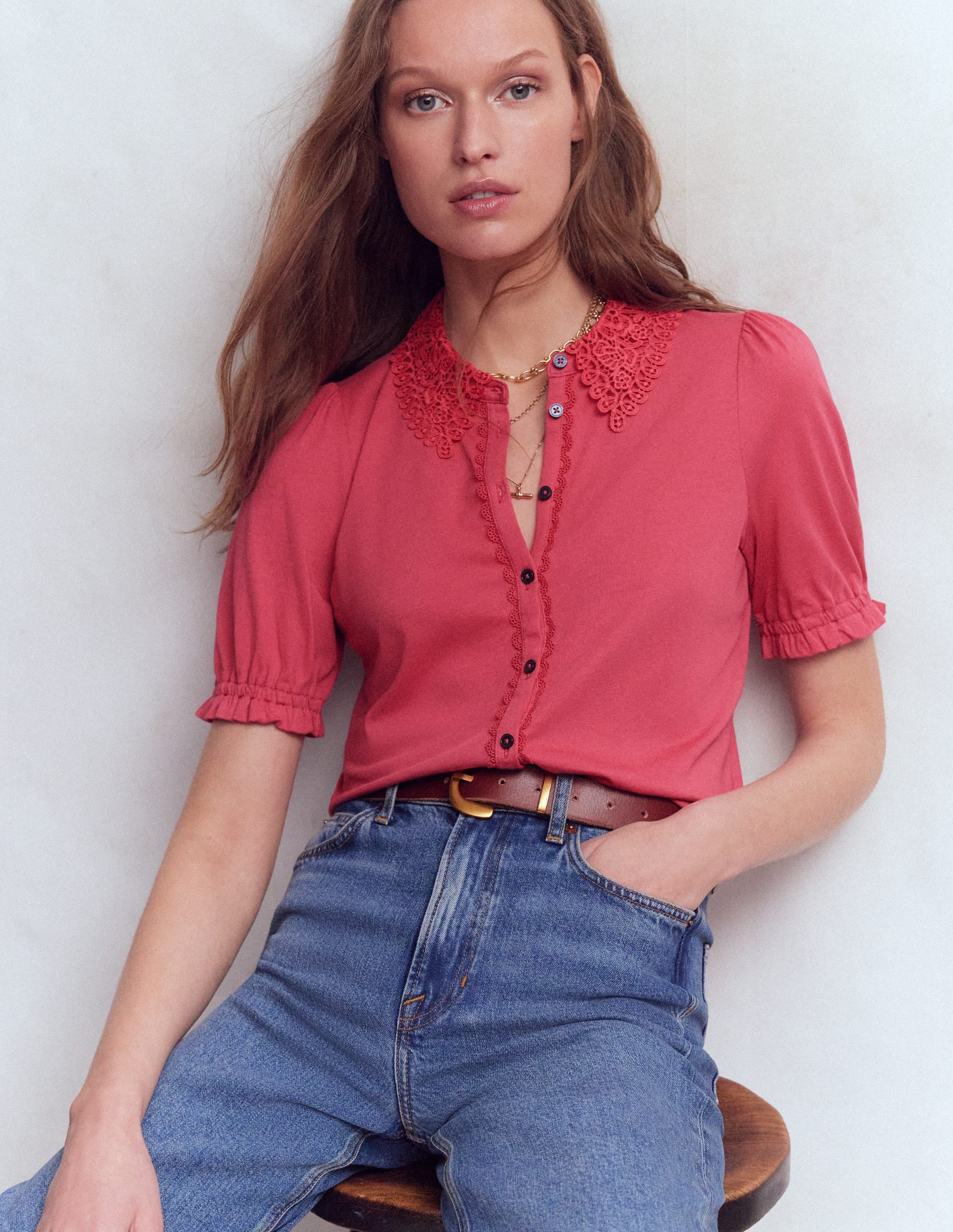 Nessa Broderie Collar Blouse-Cherry Blush | Boden USA