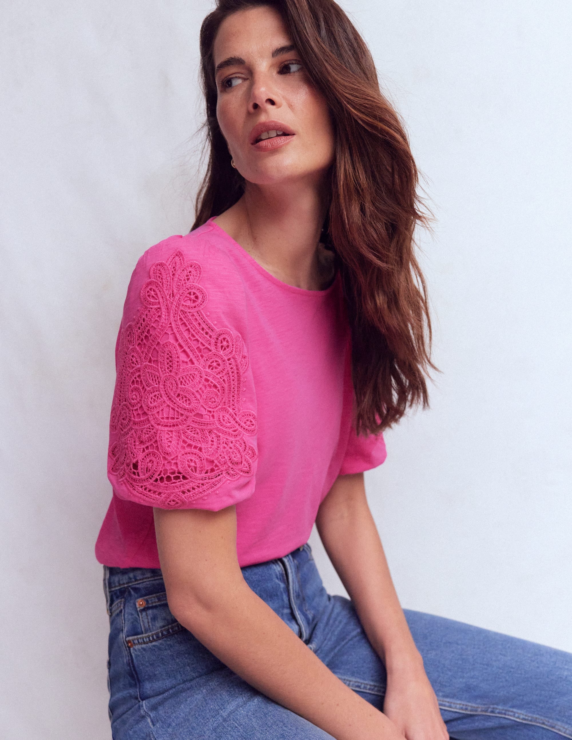 Tape Lace T - shirt - Phlox Pink | Boden USA