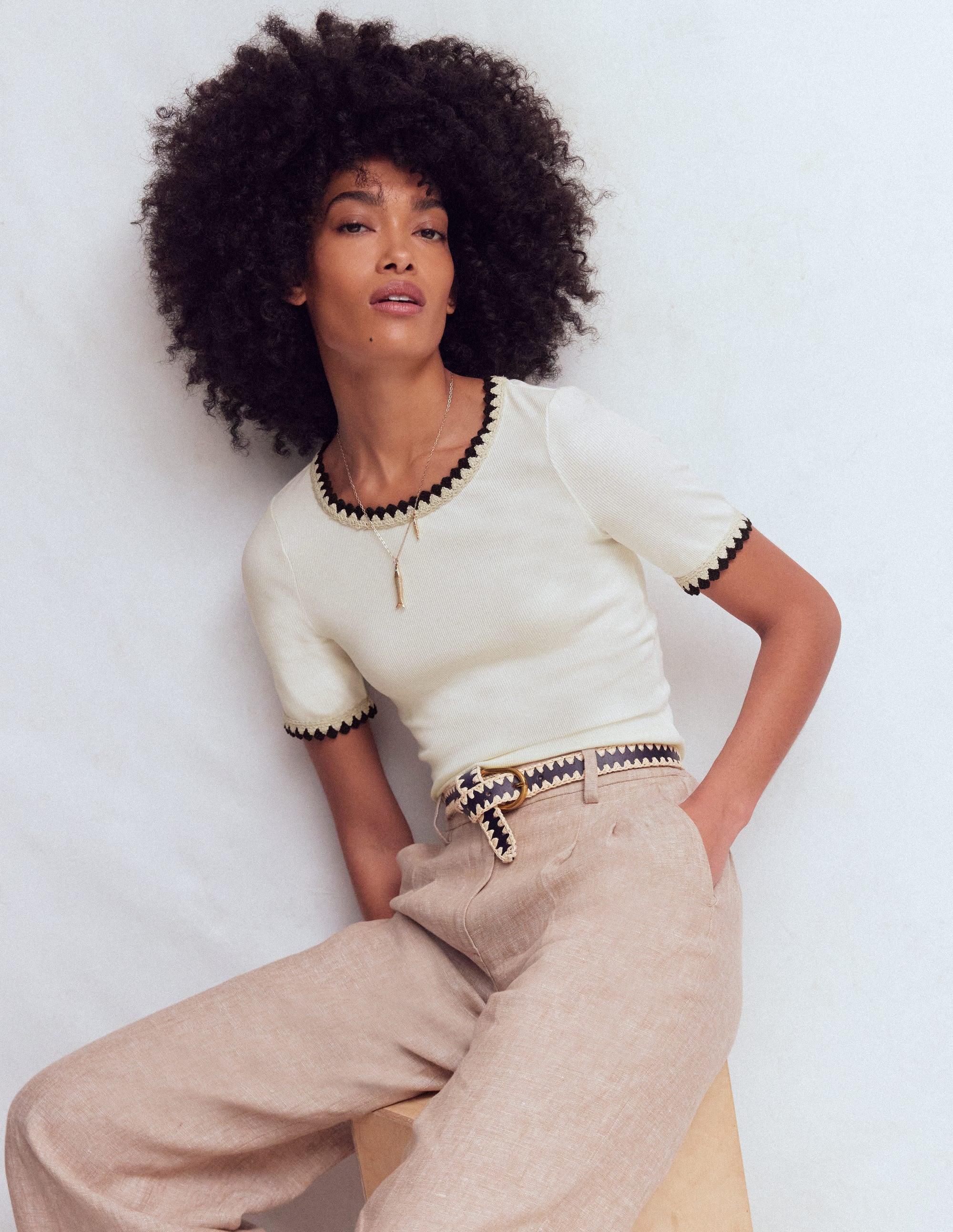 Maddie Trim Detail T-Shirt-Ivory with Black | Boden USA