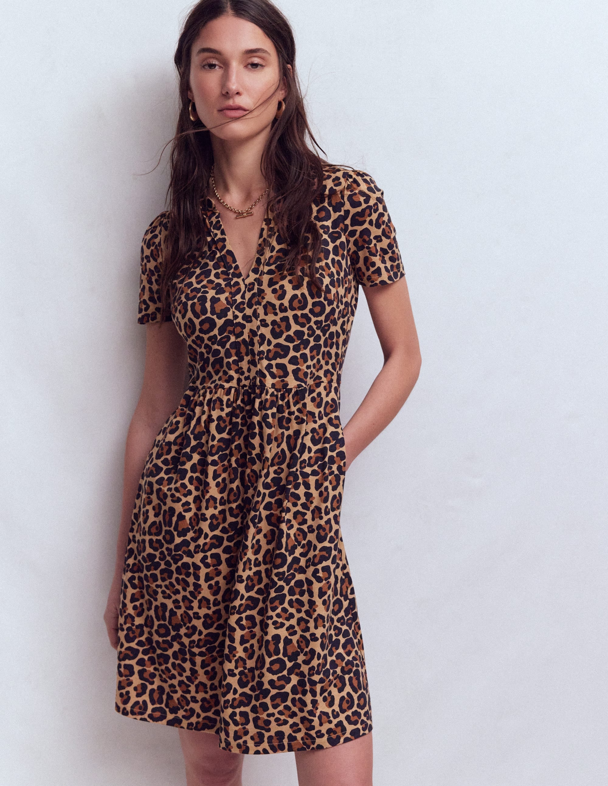 Naomi Short Sleeve Dress-Camel, Cheetah Pop
