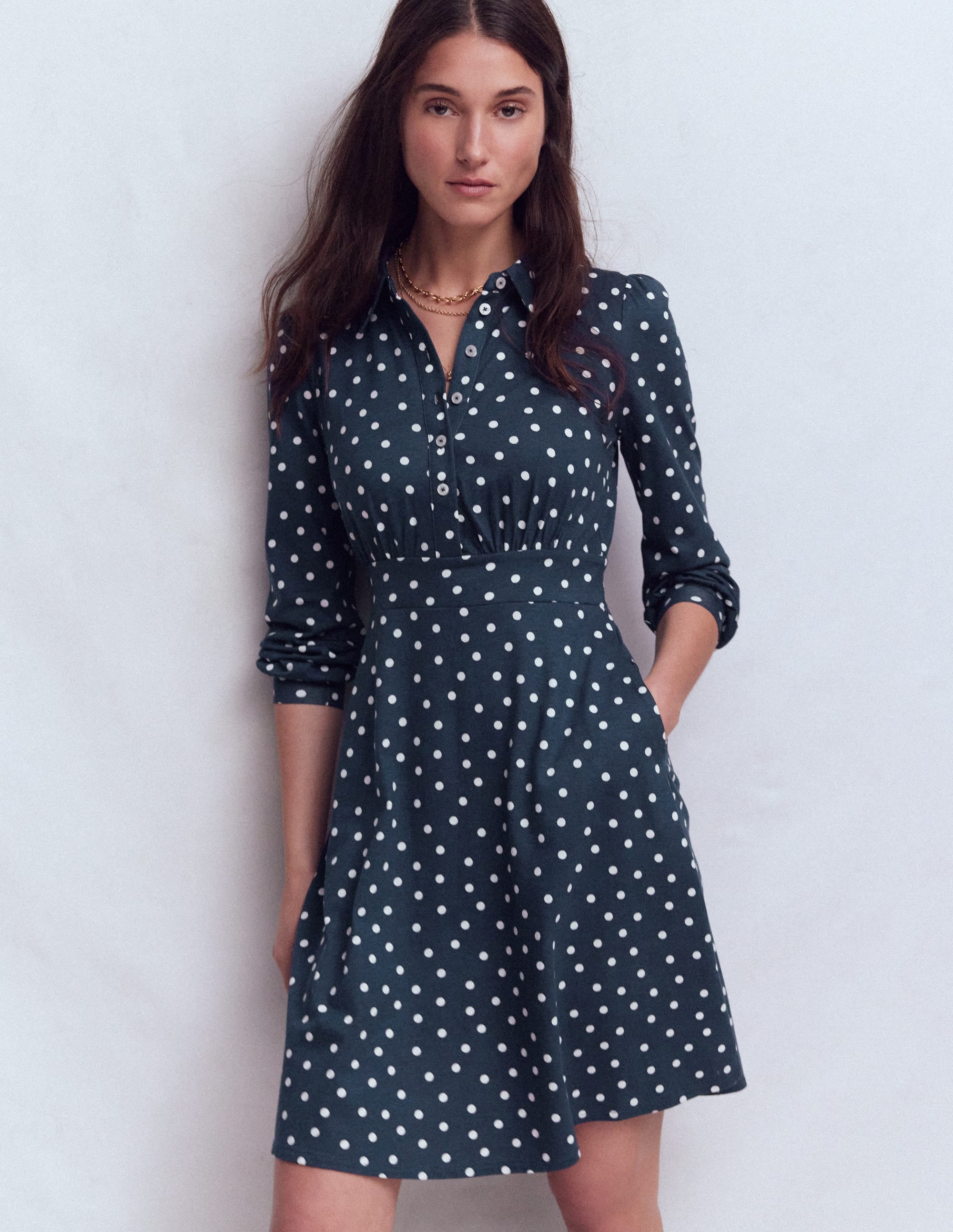 Orla Short Jersey Shirt Dress - French Navy, Painted Dot | Boden USA