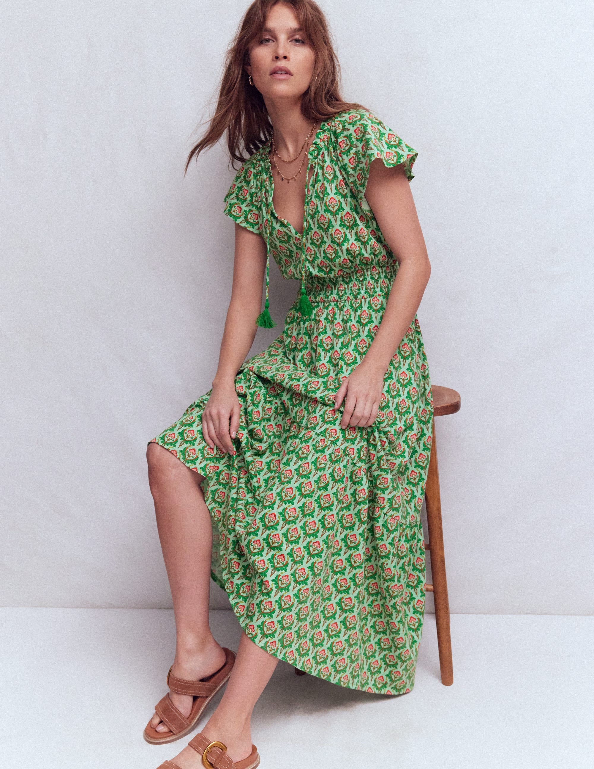 Tala Tiered Jersey Maxi Dress-Pistachio, Ornamental Stamp | Boden USA