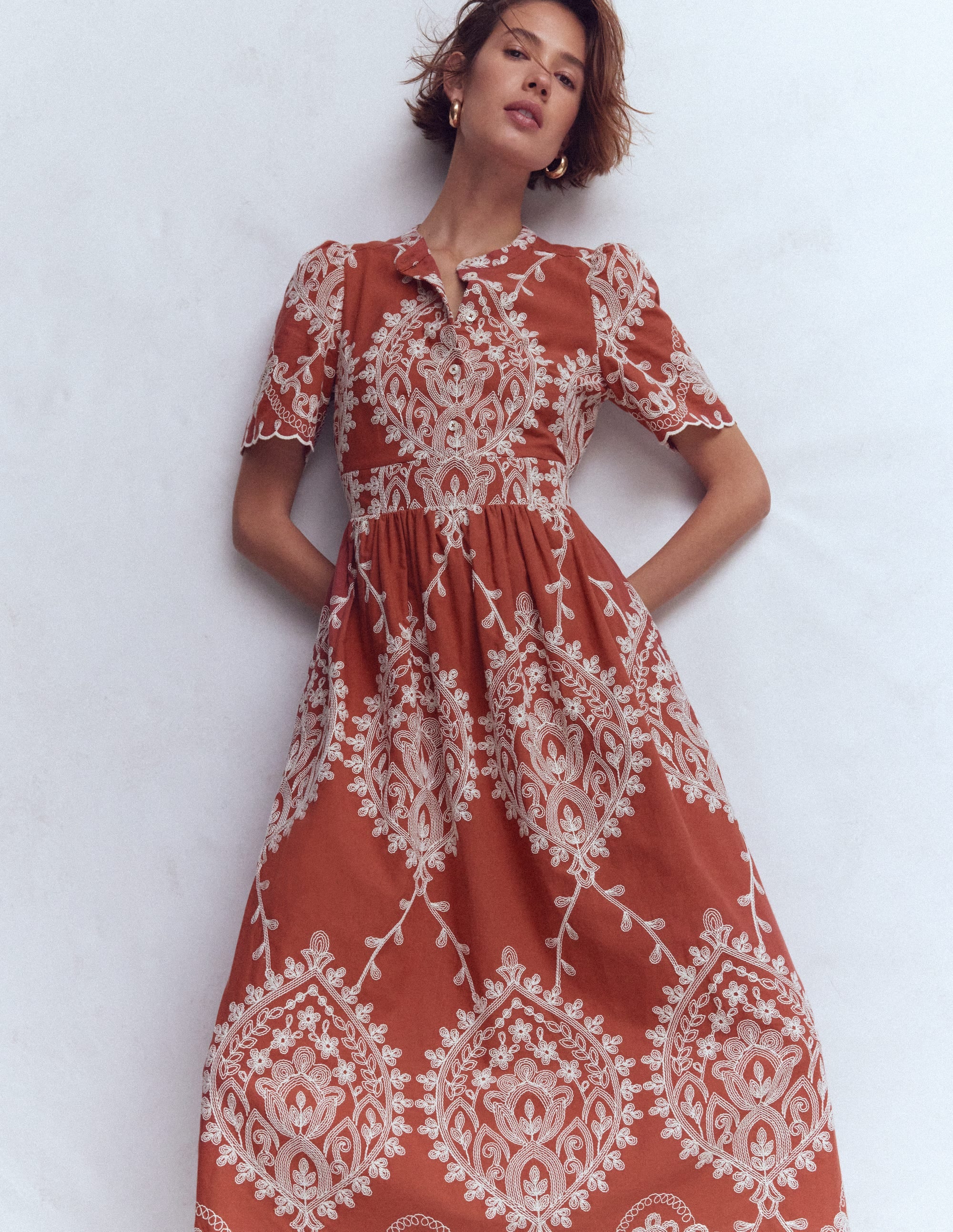 Ivy Placket Cotton Midi Dress-Rust Embroidery | Boden USA Ivy Placket Cotton Midi Dress-Rust Embroidery | Boden USA