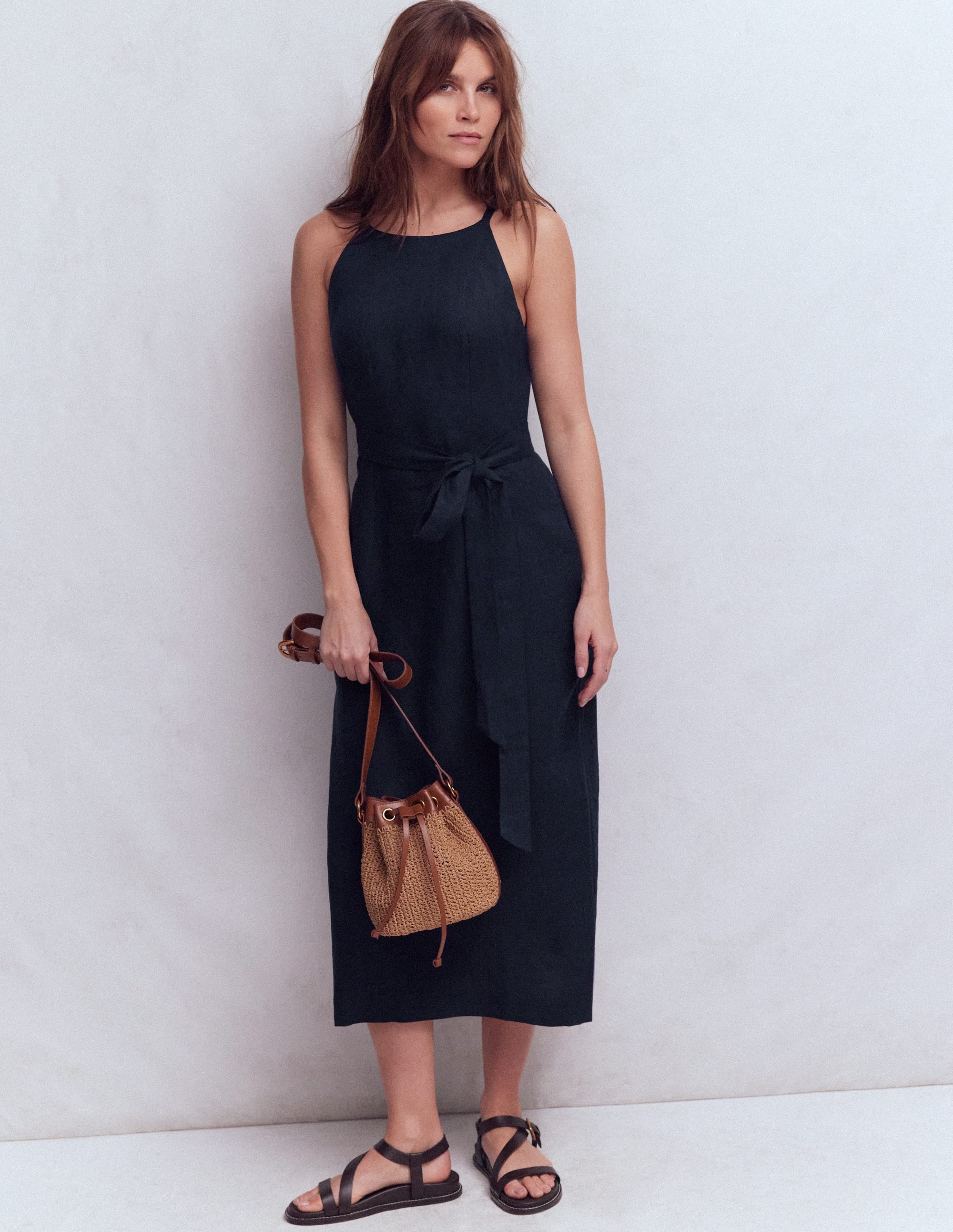 Rosa Halter Linen Midi Dress-Navy | Boden USA Rosa Halter Linen Midi Dress-Navy | Boden USA