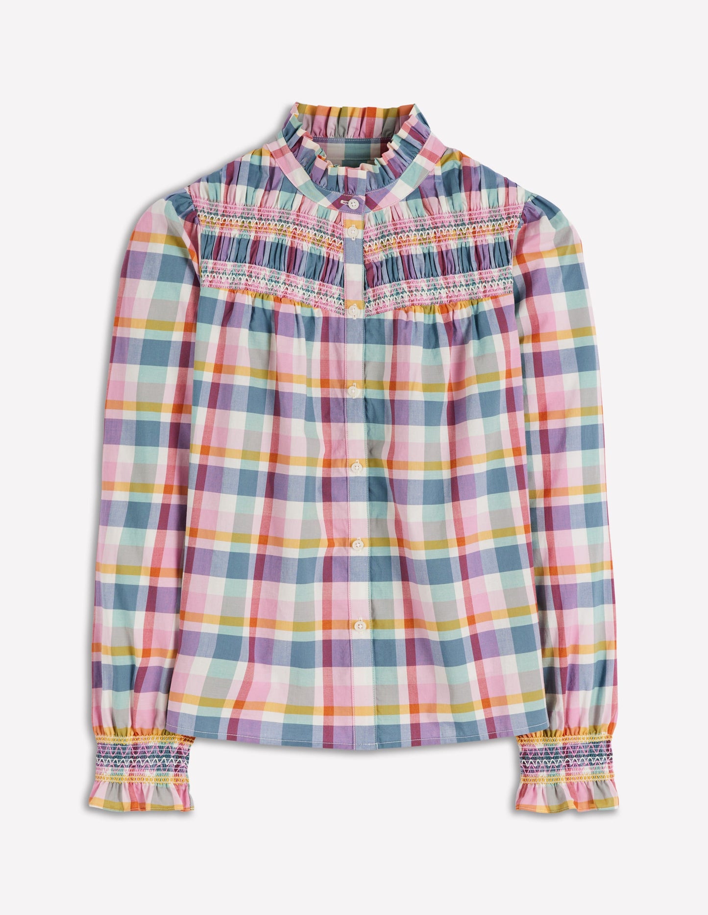 Esme Smocked Detail Frill Top-Multi Check