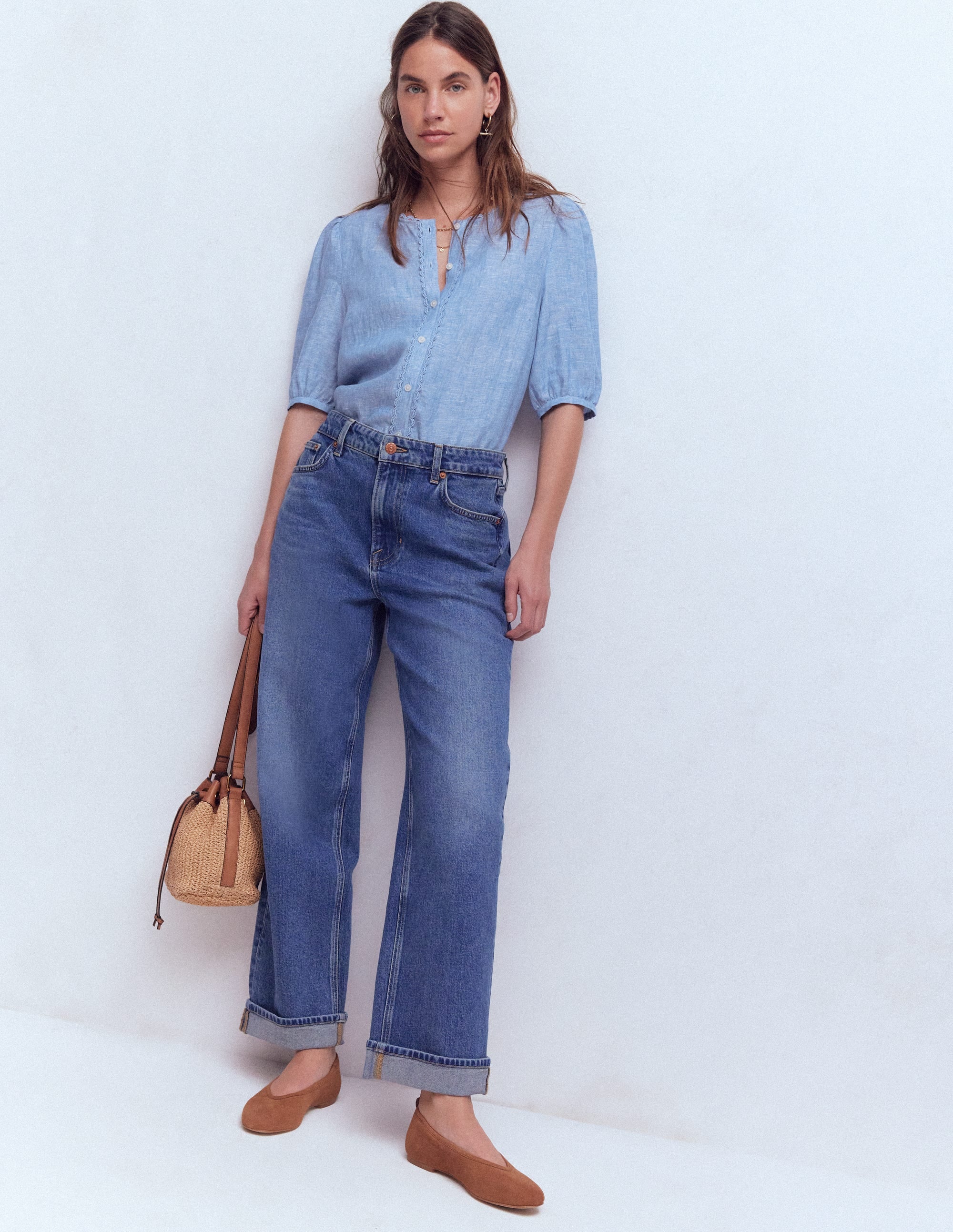 カットソー(半袖+袖なし) BED&amp;B  LINEN CHAMBRAY HALFSLEEVE TOPS Martina Hazelnut Sand Washed Linen T-Shirt – camixa.com