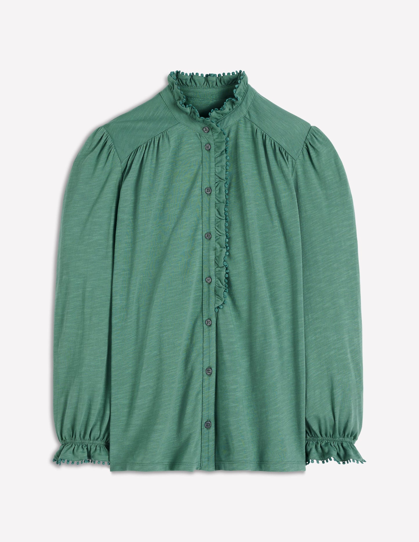 Emily Pom Detail Ruffle Shirt-Deep Jungle