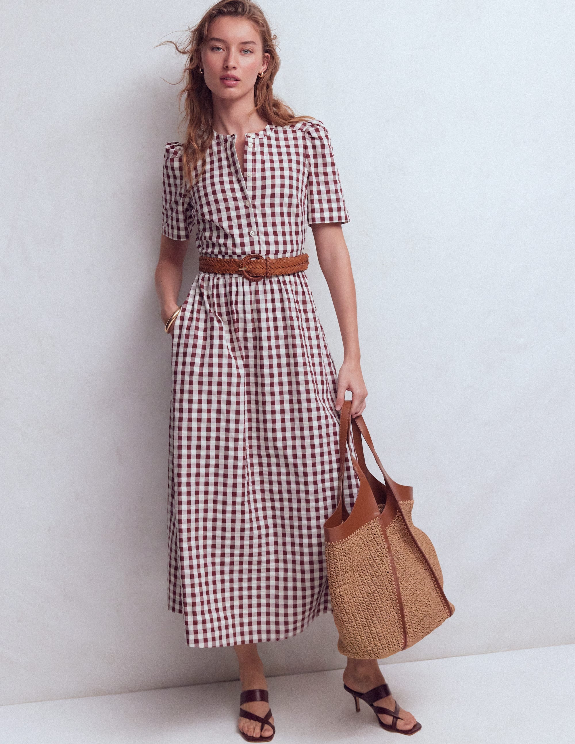 Ivy Button Cotton Midi Dress-Gingham