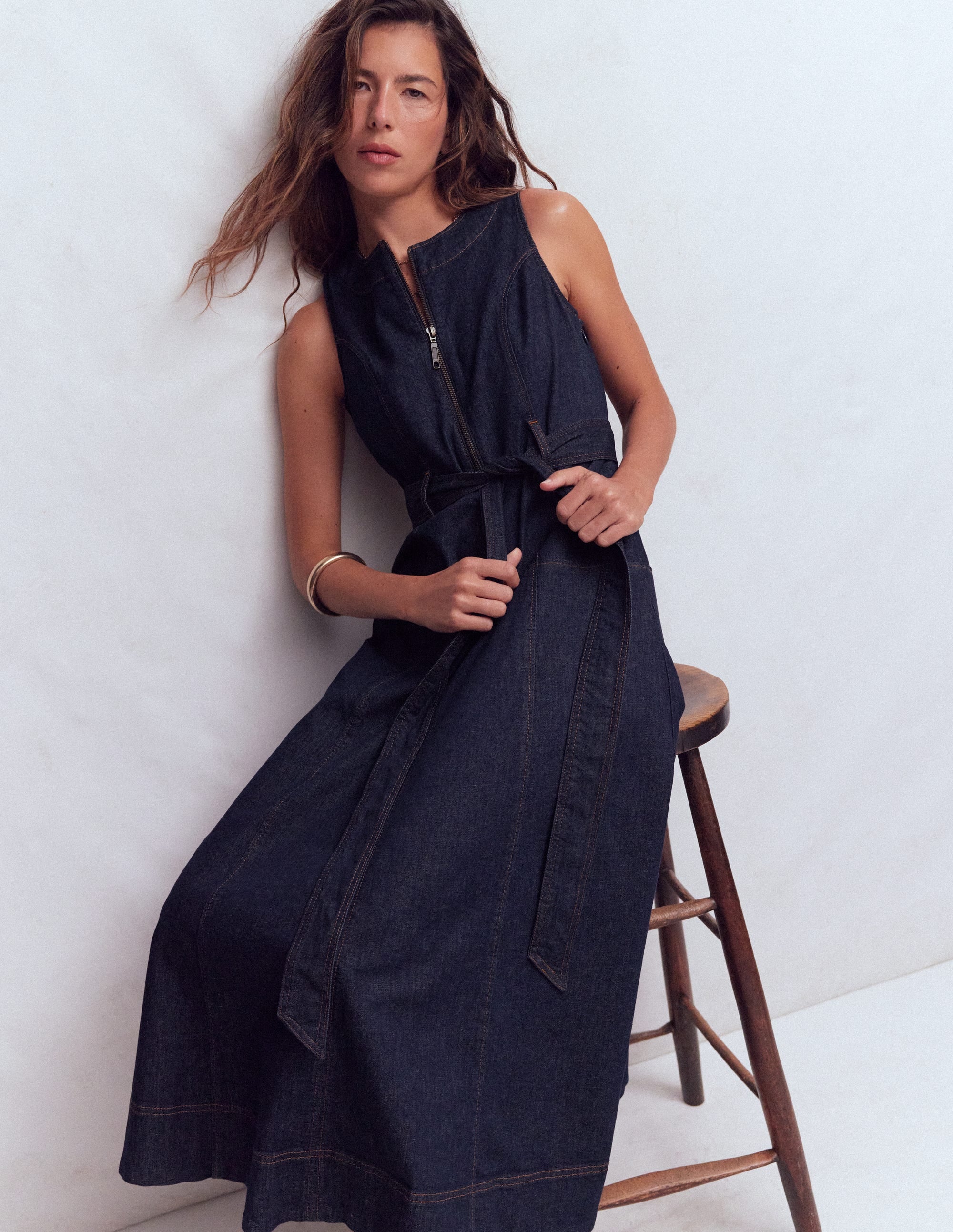 Boden Women's Sleeveless Zip Denim Dress in Blue