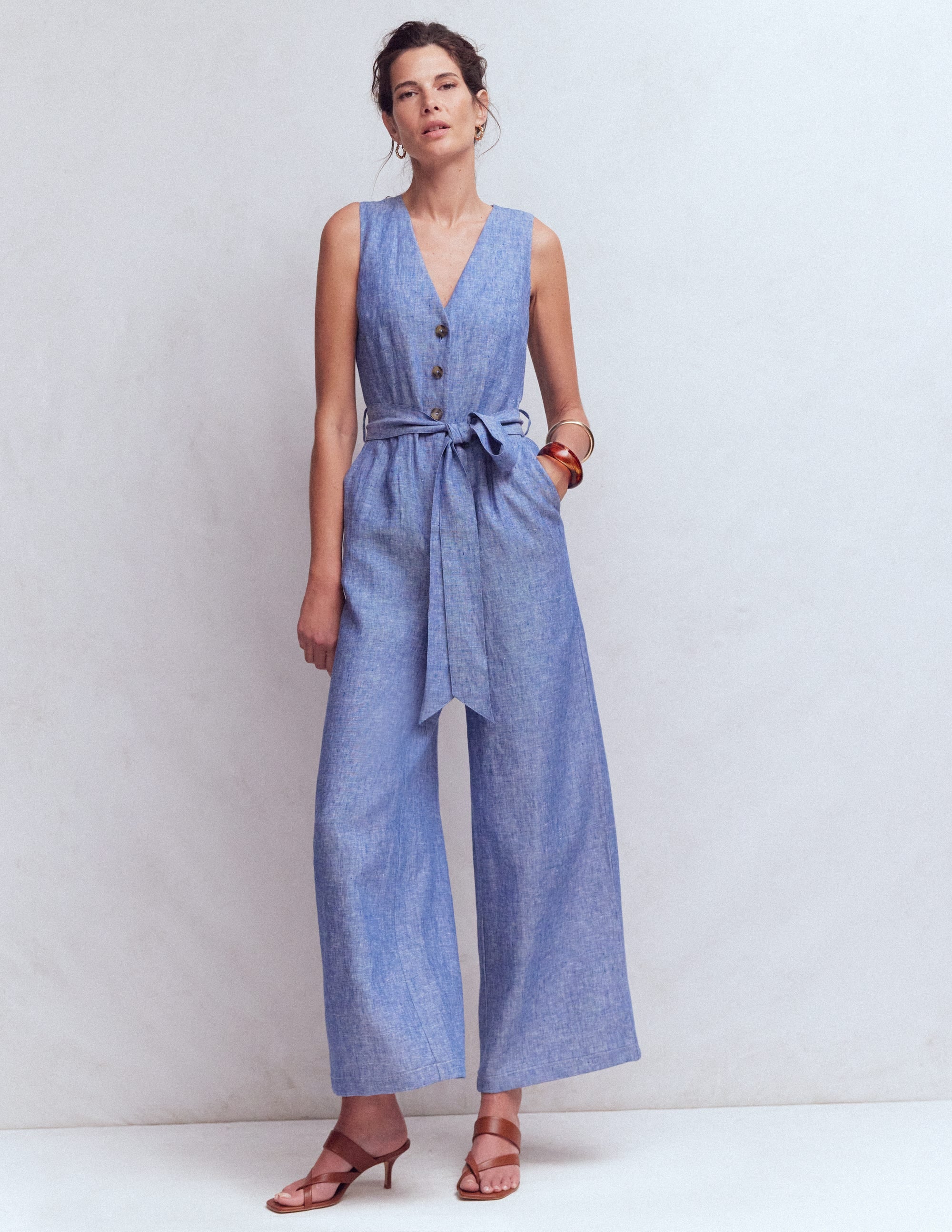 Laura V-neck Linen Jumpsuit-Authentic Blue Chambray | Boden USA
