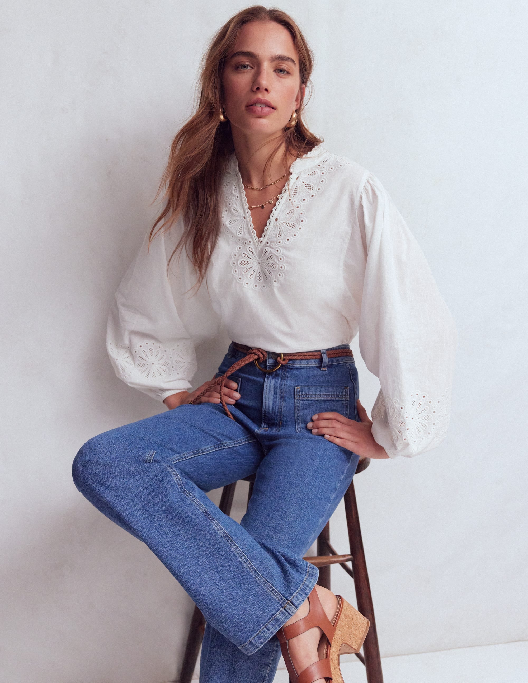 Boden Women's Embroidered Notch Neck Top in White | Size 2