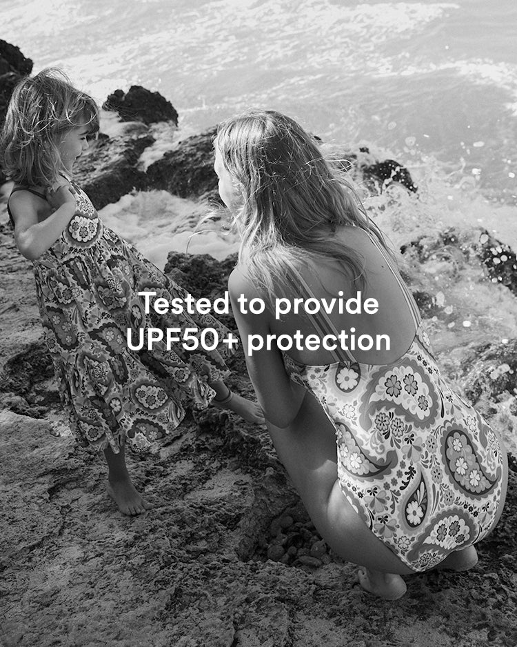 Black and white image: Tested to provide  UPF50+ protection