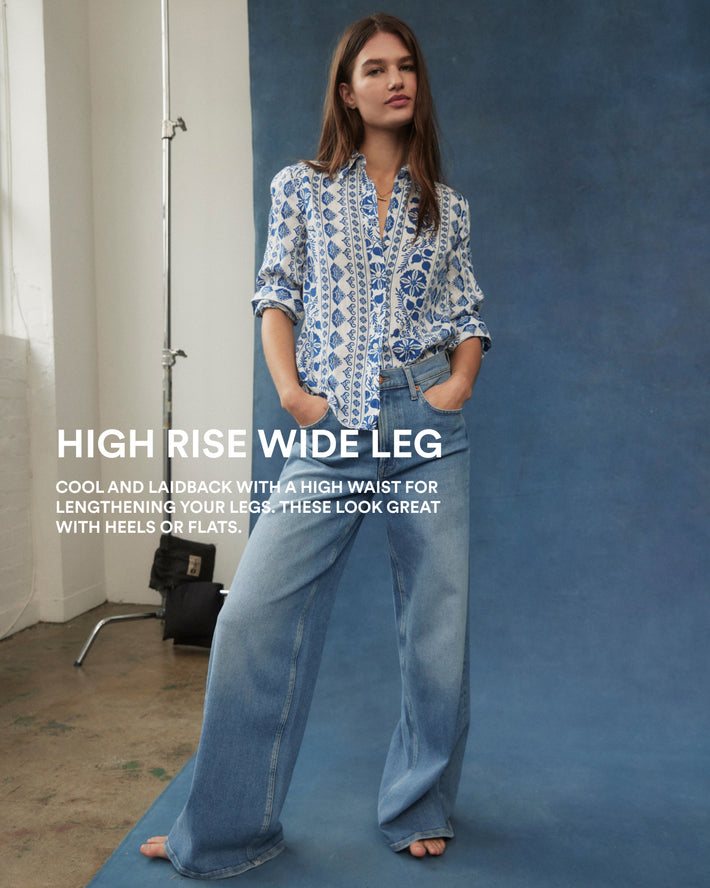 Image text: High Rise Wide Leg. Cool and laid back with a high waist for lengthening your legs. These look great with heels or flats.