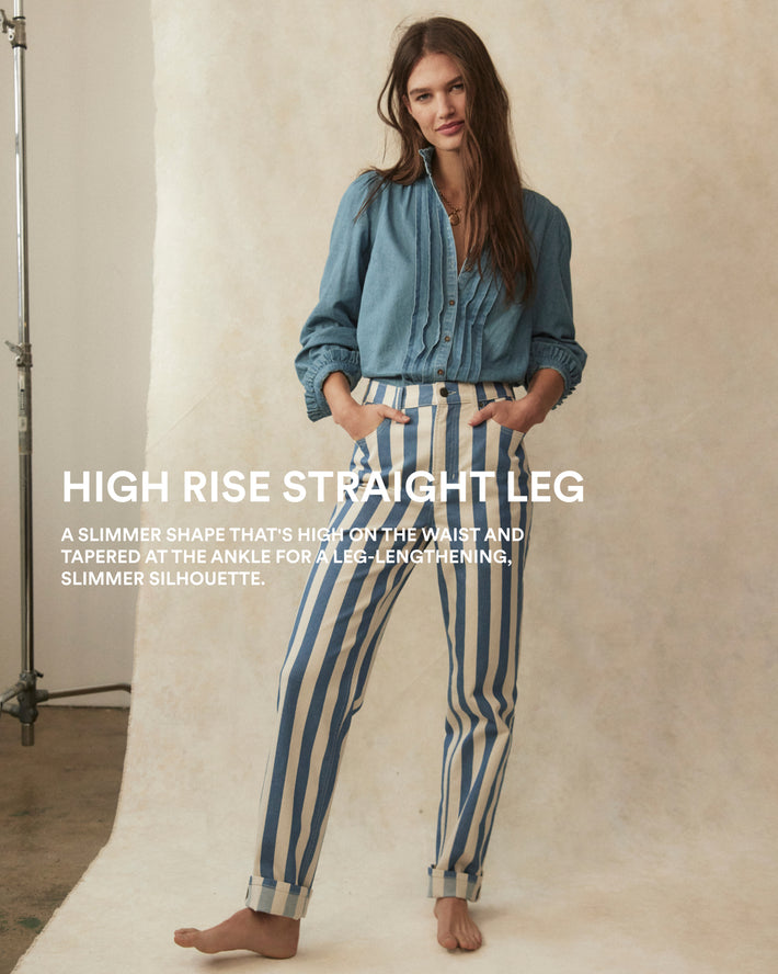 Image text: High rise straight leg. A slimmer shape thats high on the waist and tapered at the ankle for a leg lengthening, slimmer silhouette.