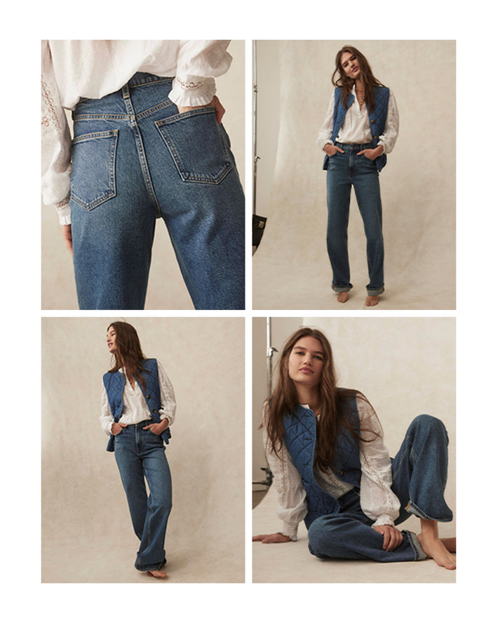 Four shots of a woman posing in a white shirt and mid wash jeans. Image link to: high rise column leg jeans