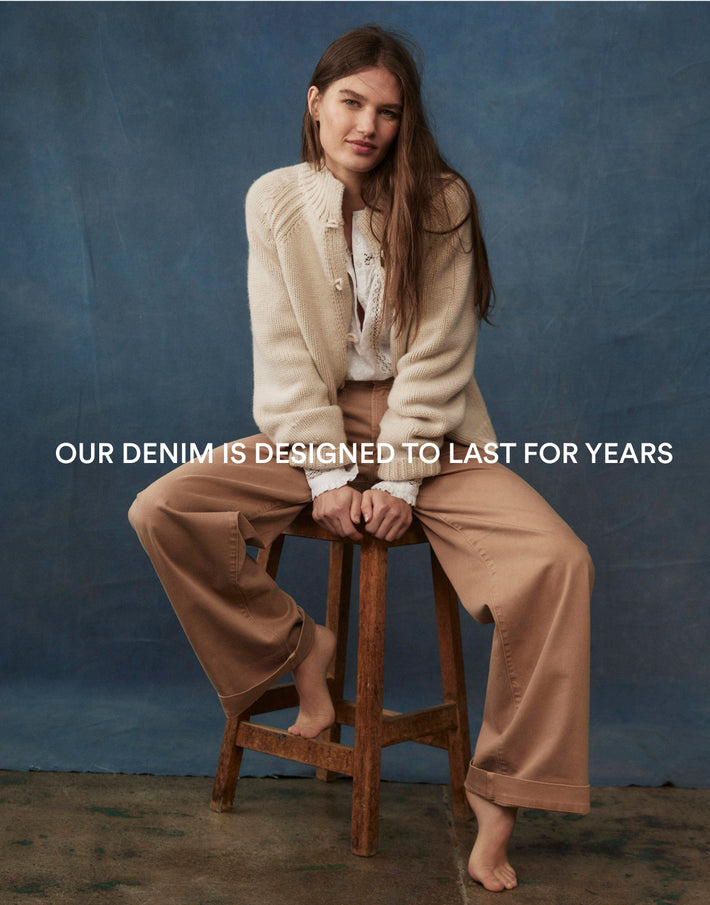 Image text: Our Denim is designed to last for years. Image link to Wide Leg Cargo Pants.