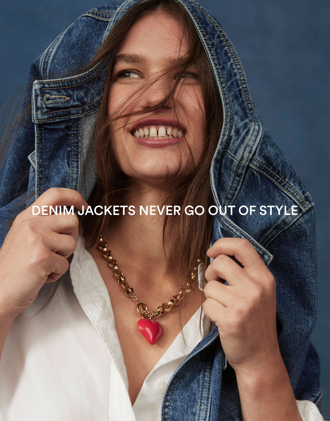 Image text: Denim jackets never go out of style. Image link to Collarless Casual Jacket.