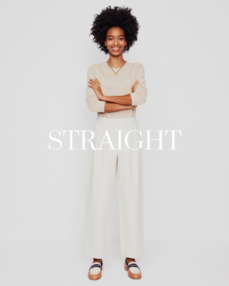 Women wearing white straight leg trousers 