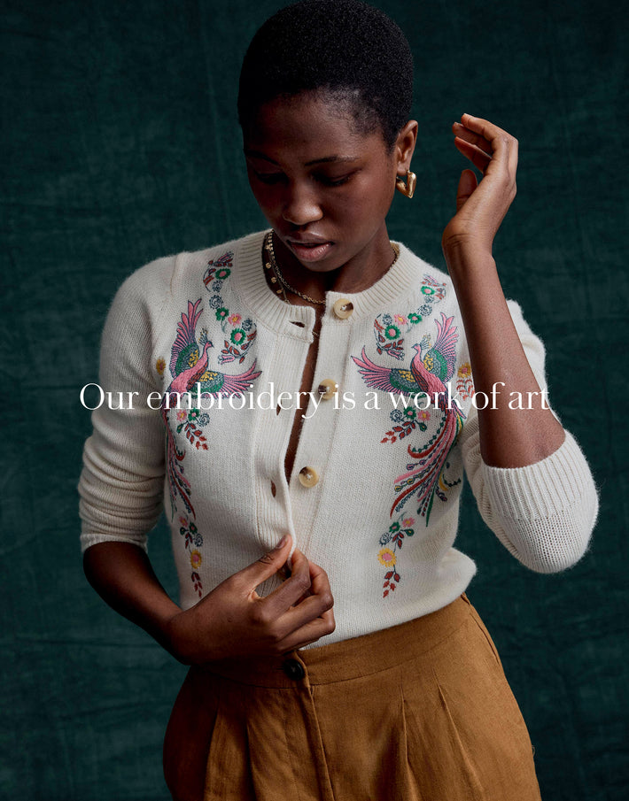 "Our embroidery is a work of art" View Embroidered Crew Neck Cardigan - Warm Ivory, Peacock