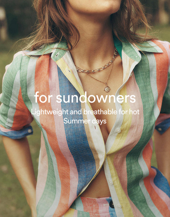 Image text: for sundowners. Lightweight and breathable for hot Summers days. Image link to Sienna Linen Shirt.