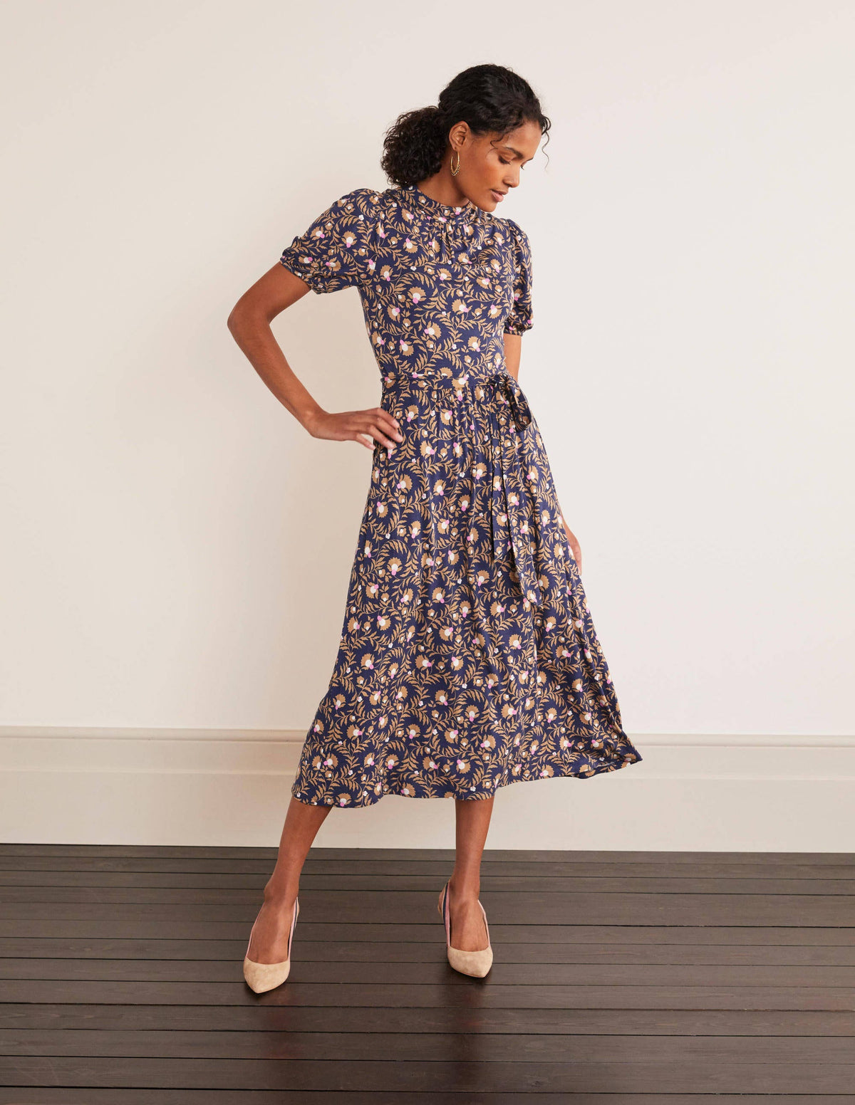 Flora Jersey Puff Sleeve Dress-Navy, Wild Bramble - Image 1