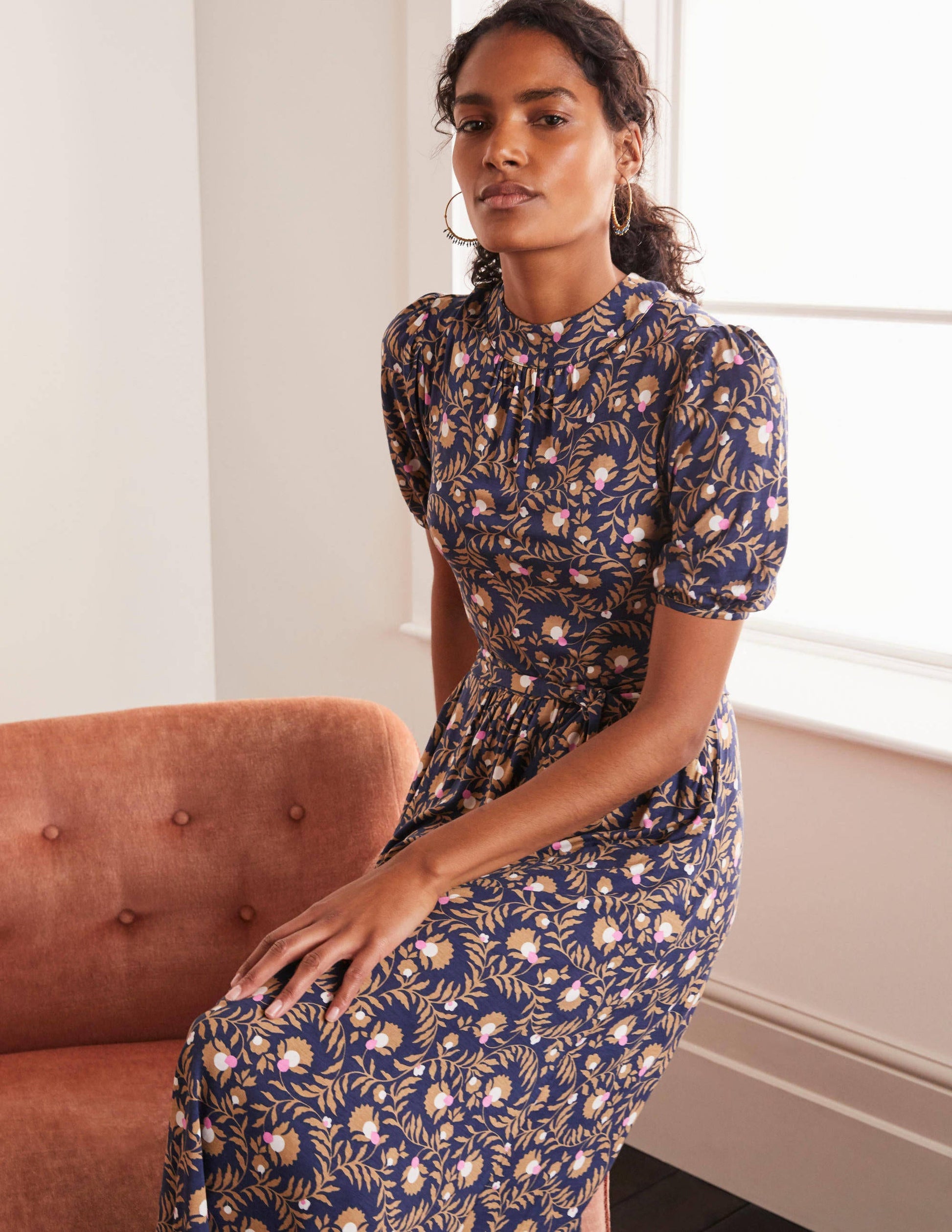 Flora Jersey Puff Sleeve Dress-Navy, Wild Bramble-2