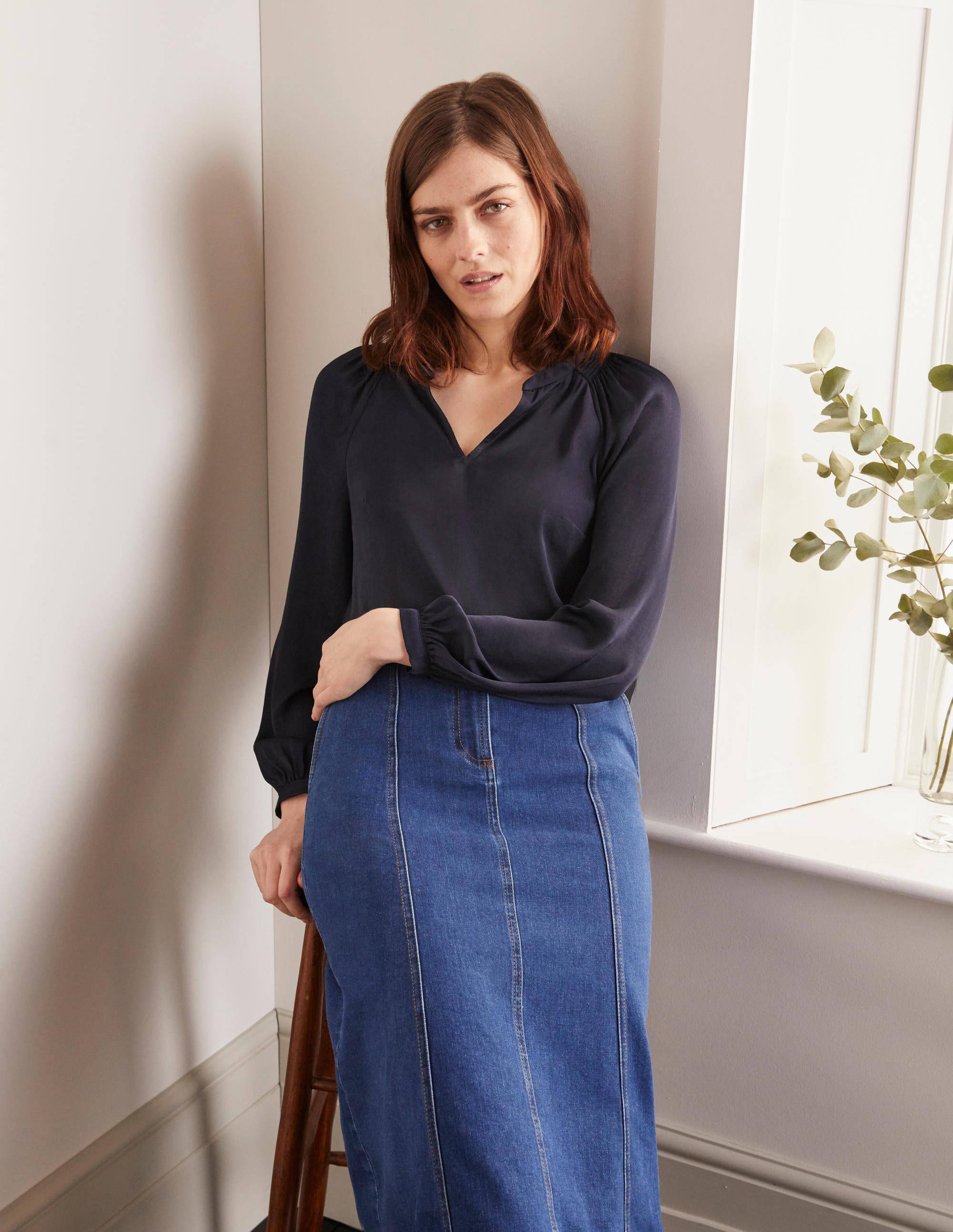 Kitty Smocked Neck Blouse-Navy - Image 3