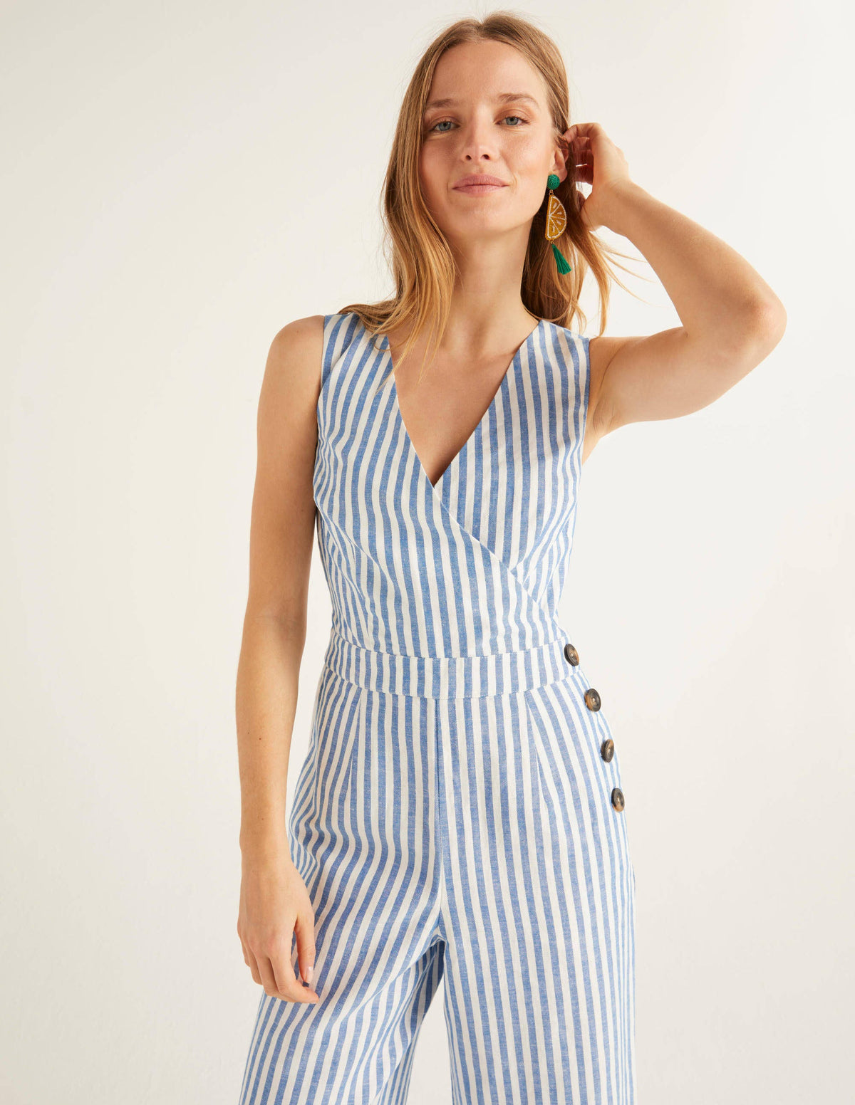 Dorothea Wrap Jumpsuit-Bold Blue Ivory Stripe-1