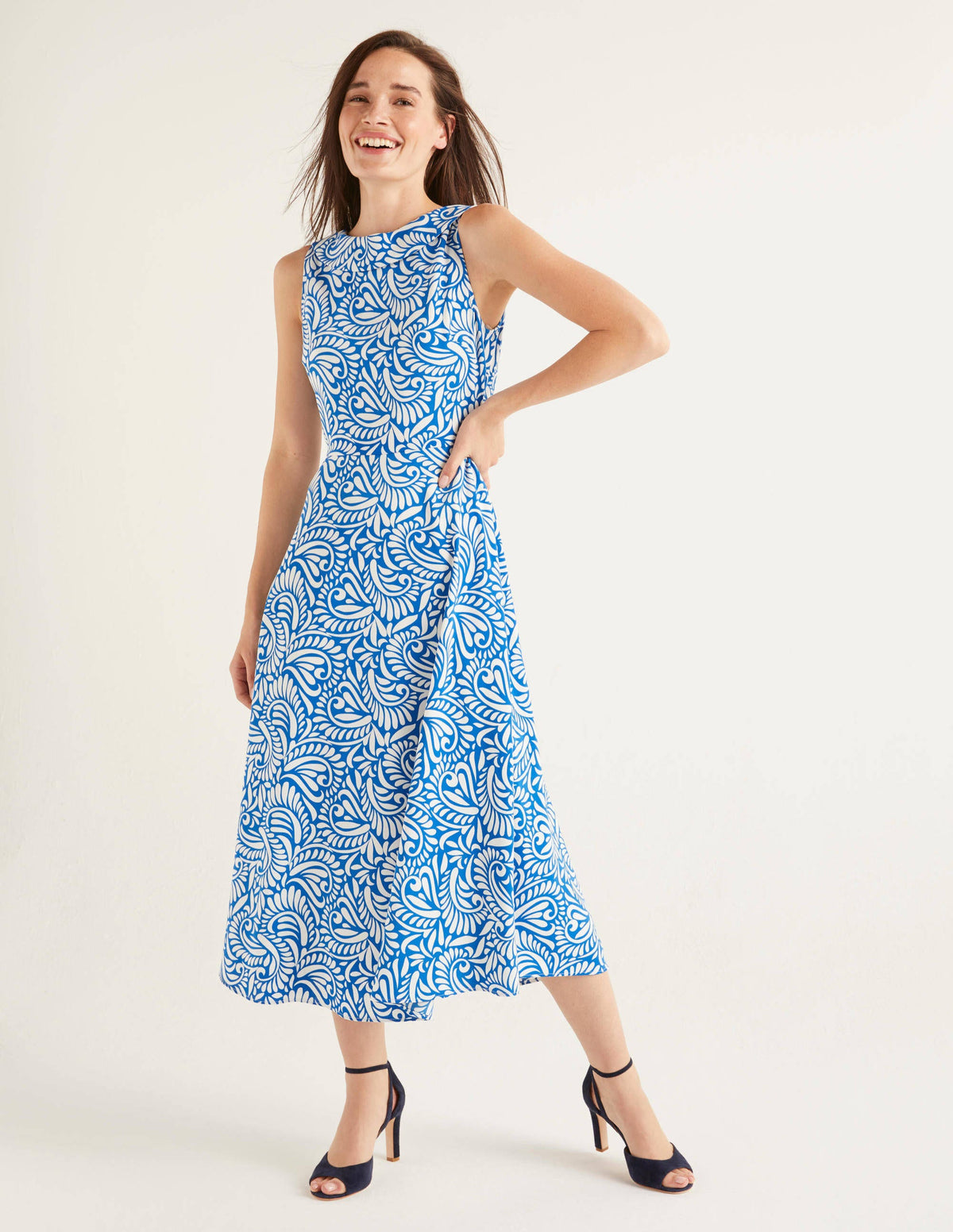 Clarissa Midi Dress-Bold Blue, Fern Swirl-4