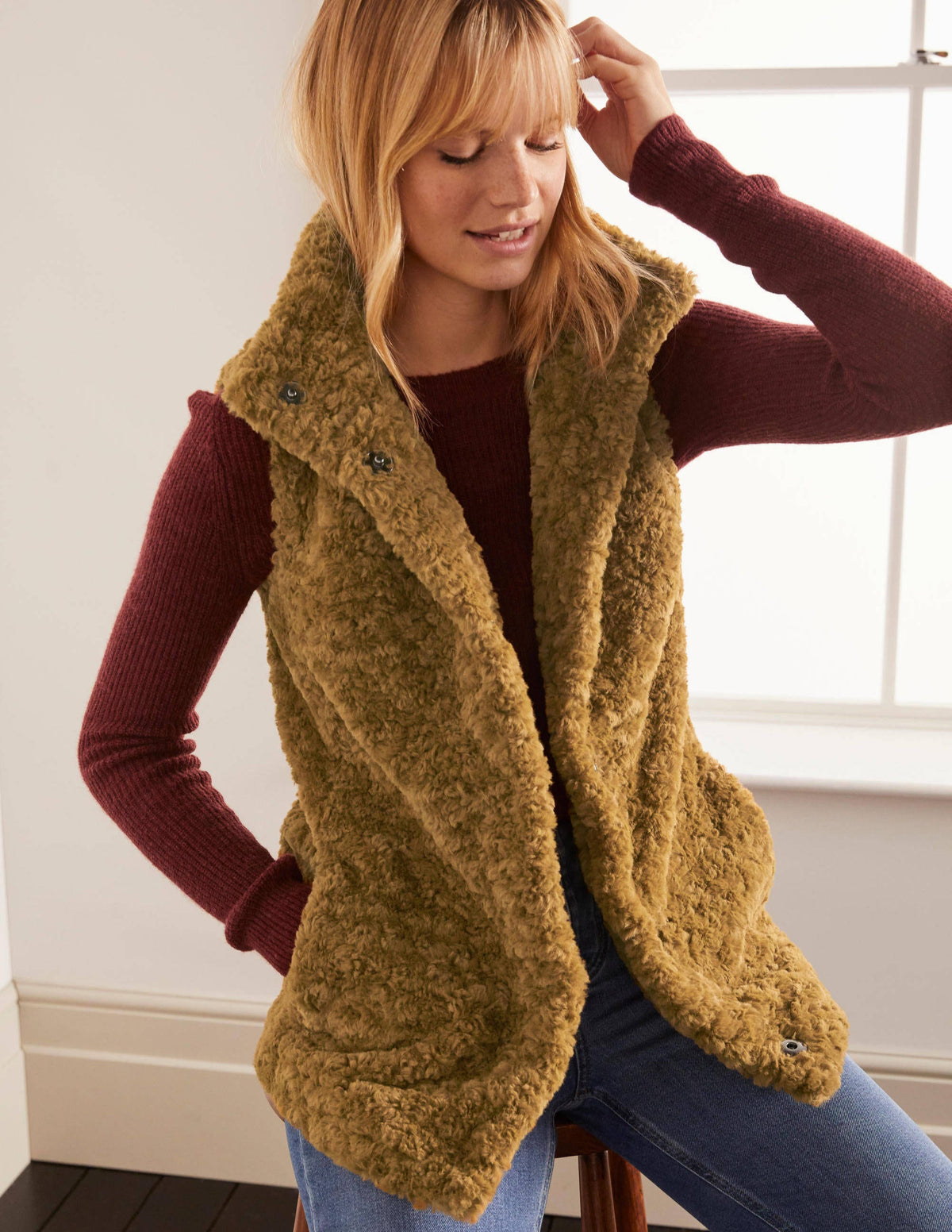 Haddon Faux Fur Vest-Camel-4