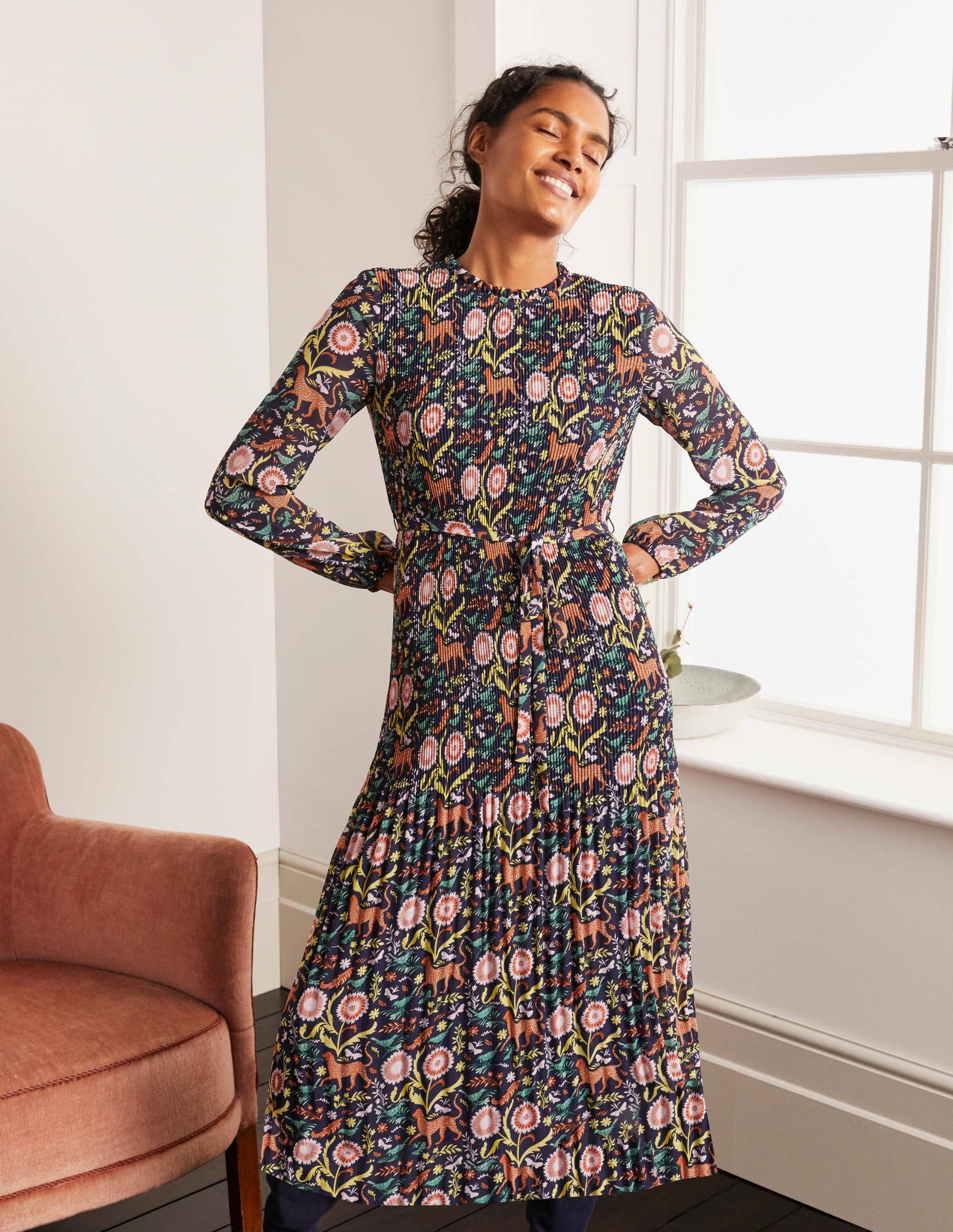 Nell Pleated Dress-Navy, Magical Garden Multi-4