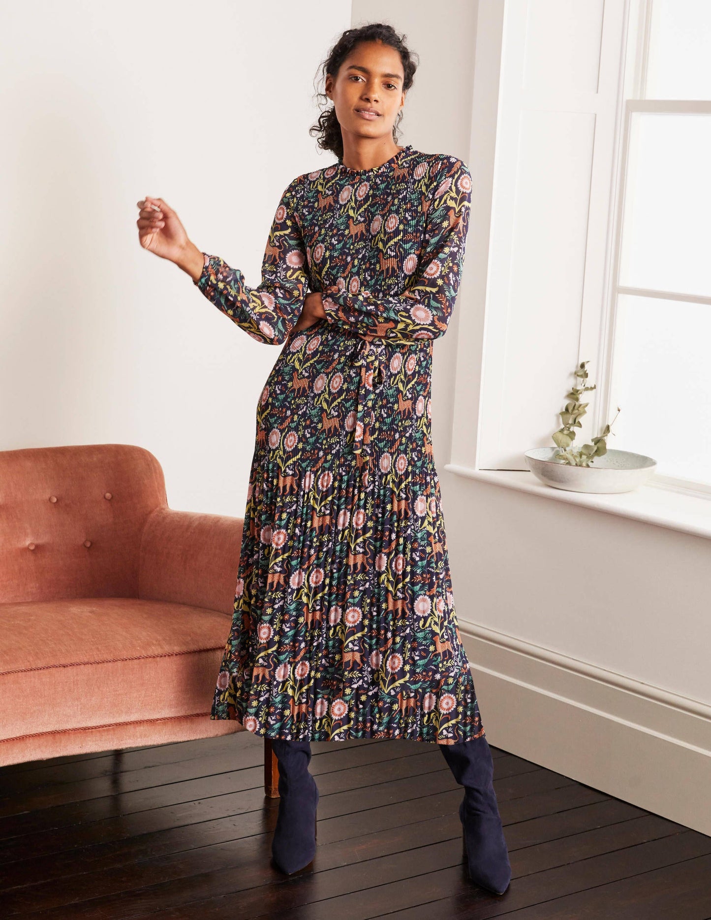 Nell Pleated Dress-Navy, Magical Garden Multi