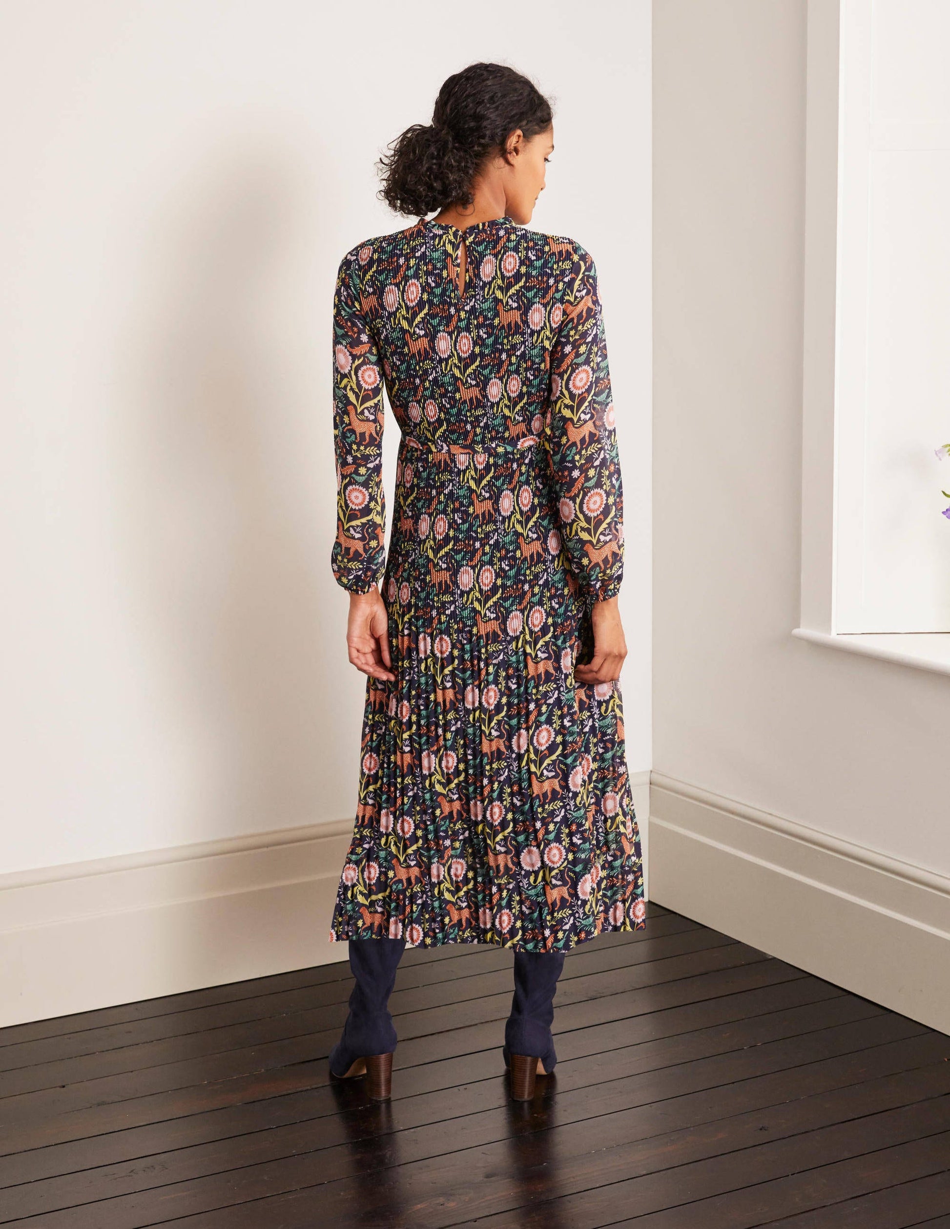Nell Pleated Dress-Navy, Magical Garden Multi-2