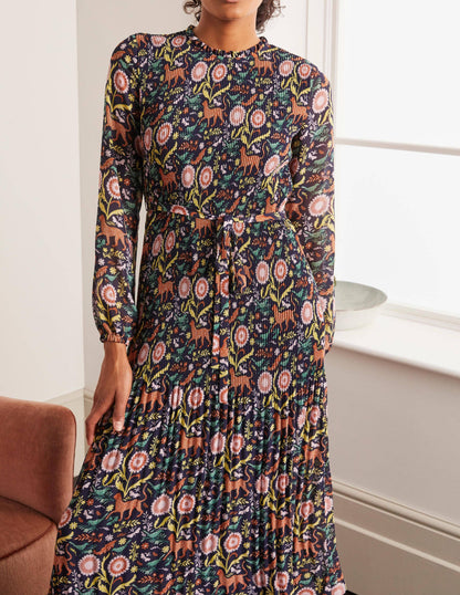 Nell Pleated Dress-Navy, Magical Garden Multi-3