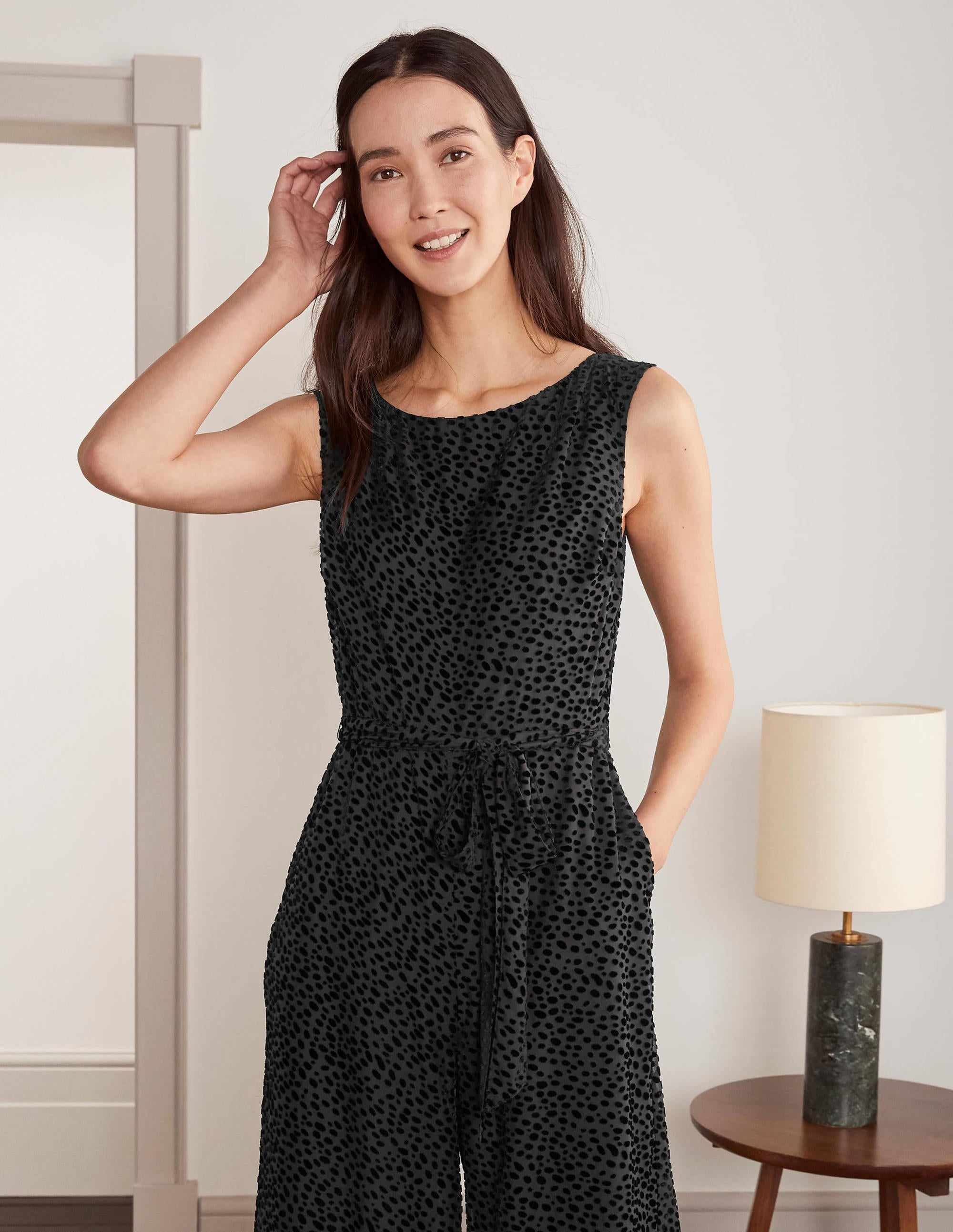Devore Palazzo Jumpsuit-Black, Dalmatian Spot - Image 1