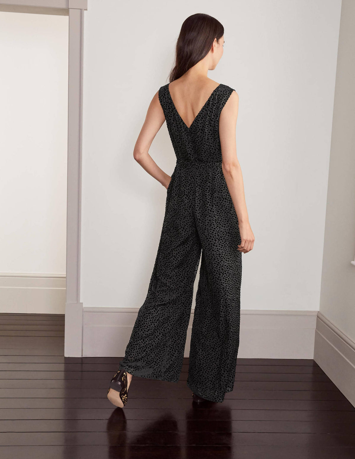 Devore Palazzo Jumpsuit-Black, Dalmatian Spot-2