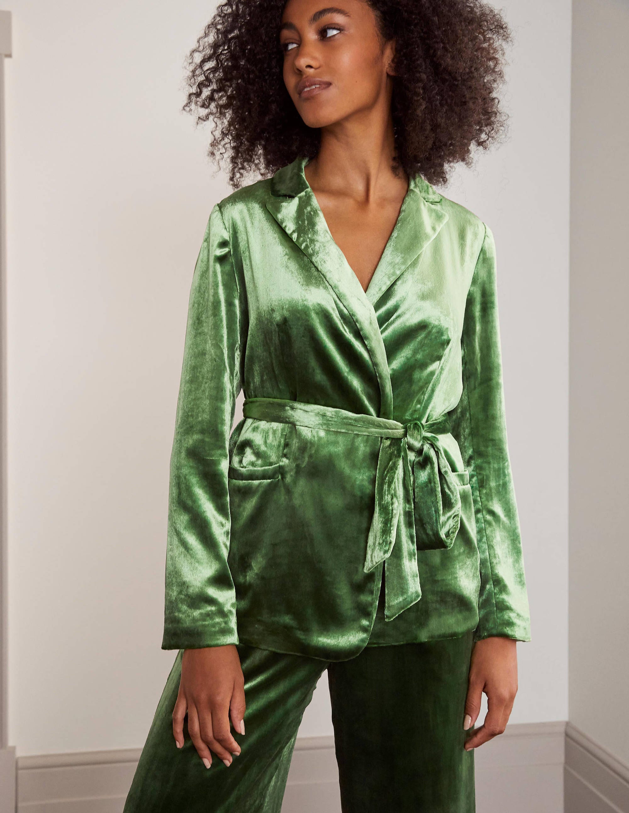 Rosebury Velvet Belted Blazer-Mid Green Velvet - Image 1