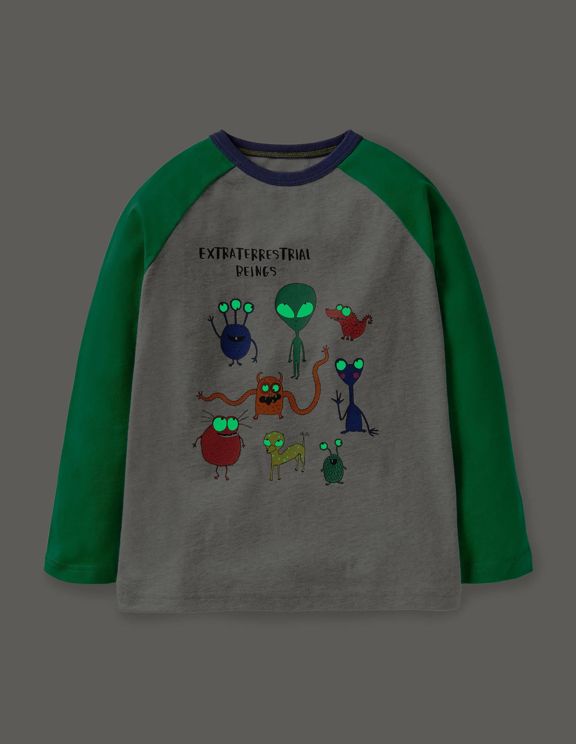 Glowing Space Raglan T-shirt-Grey Marl/Green Aliens - Image 4