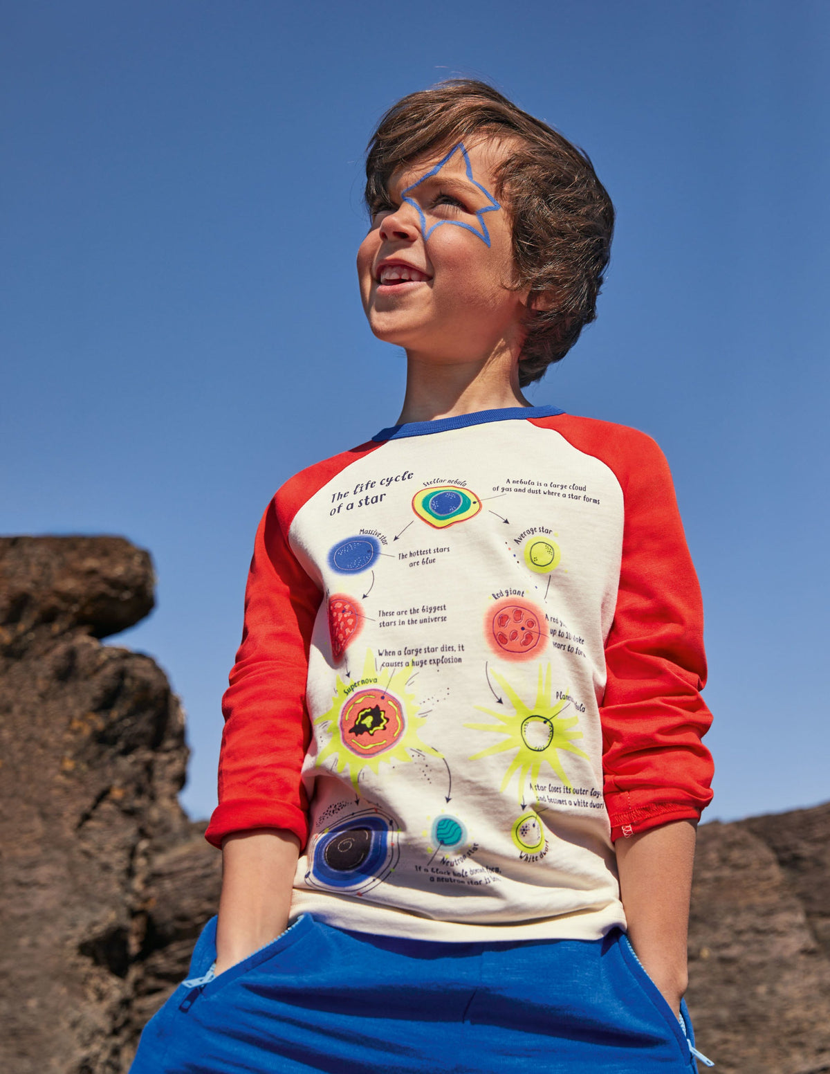 Glowing Space Raglan T-shirt-Rocket Red/Ivory Planets - Image 5