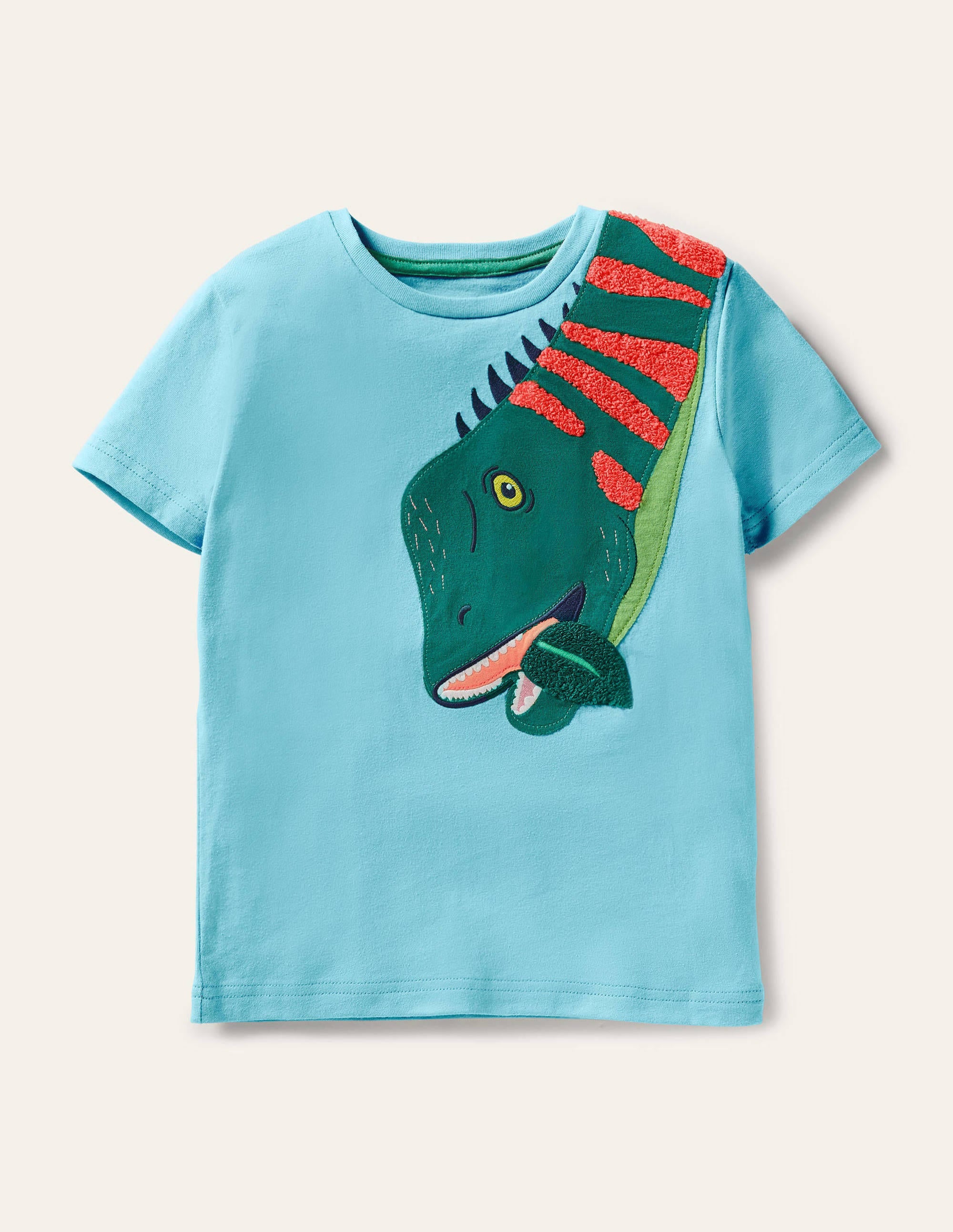 Bright Animal Appliqué T-shirt-Aqua Blue Dino - Image 1