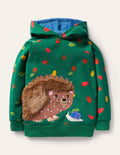 Patchwork Appliqué Hoodie-Forest Green Hedgehog