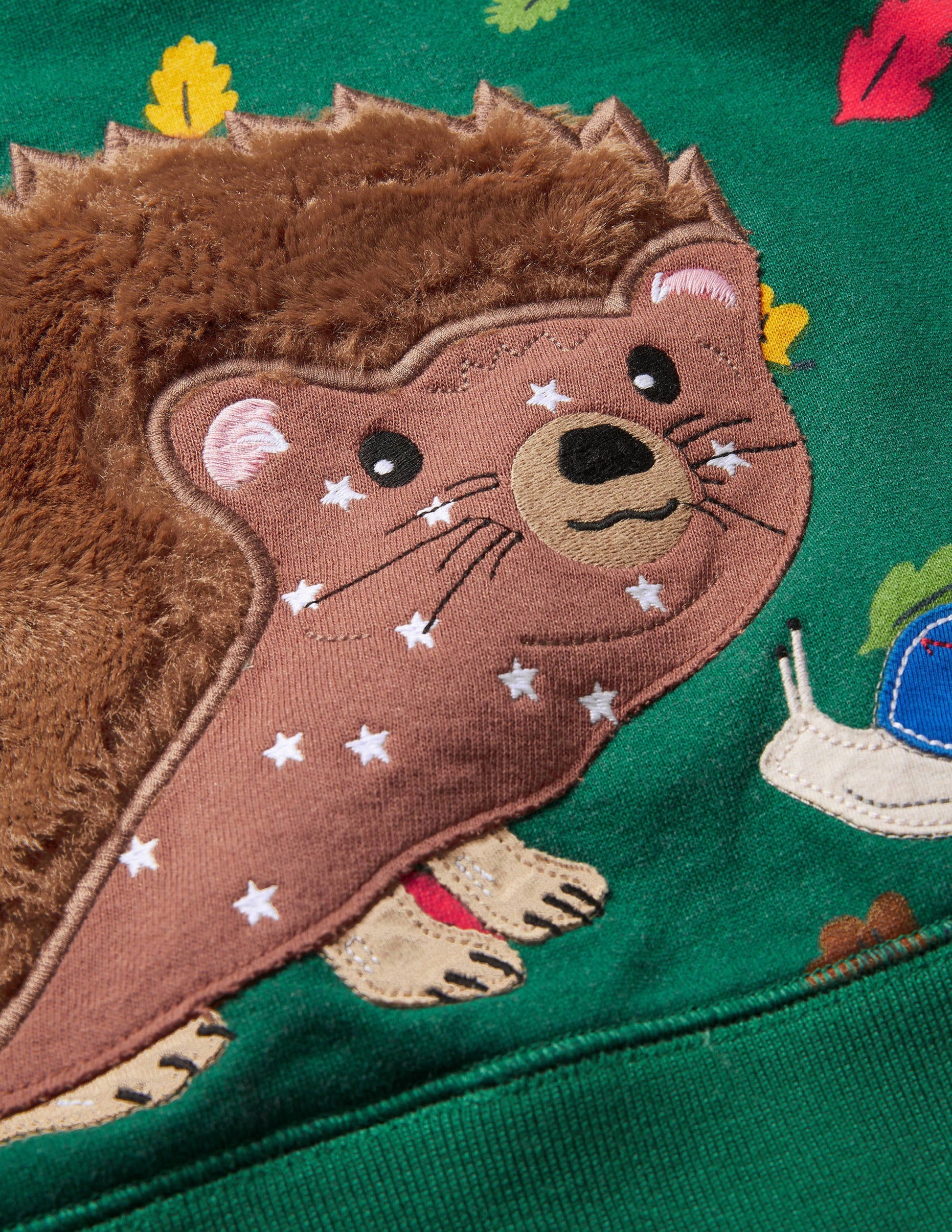 Patchwork Appliqué Hoodie-Forest Green Hedgehog-3